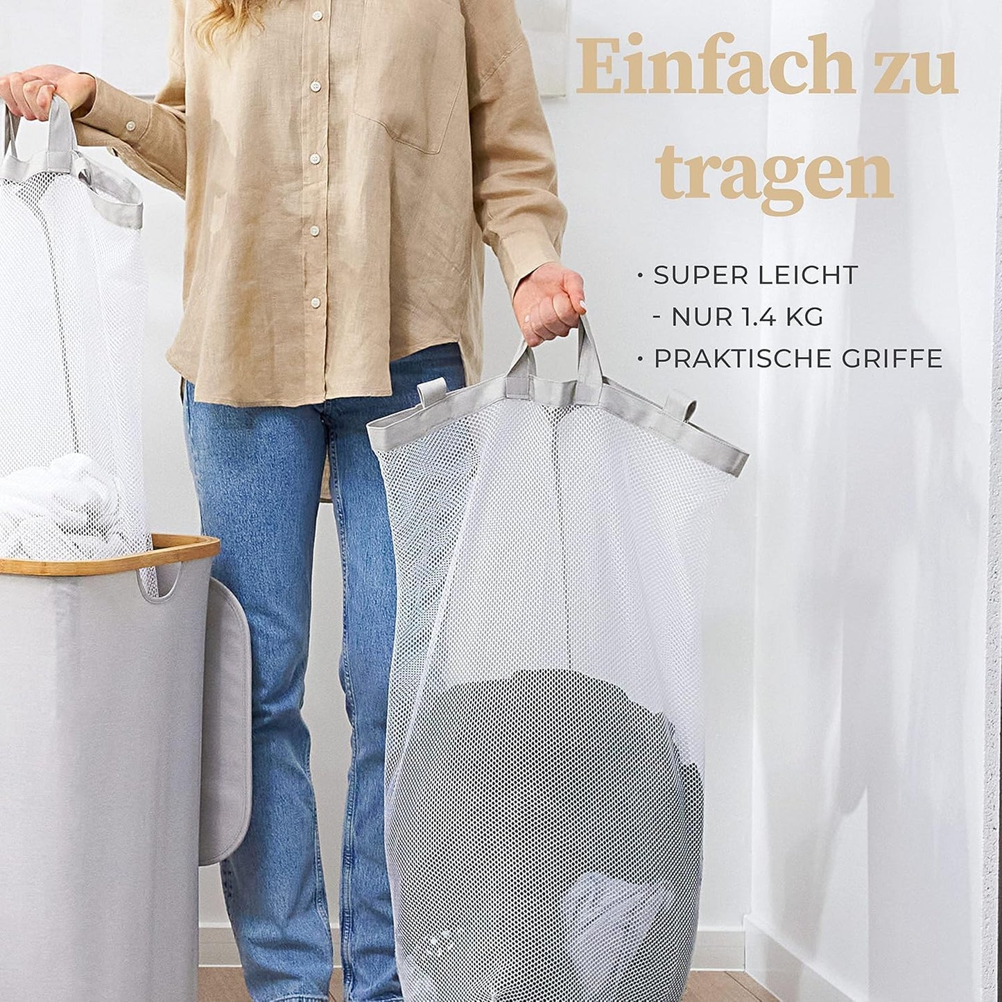 Wäschekorb mit Deckel, 100L 100l Beige-grau