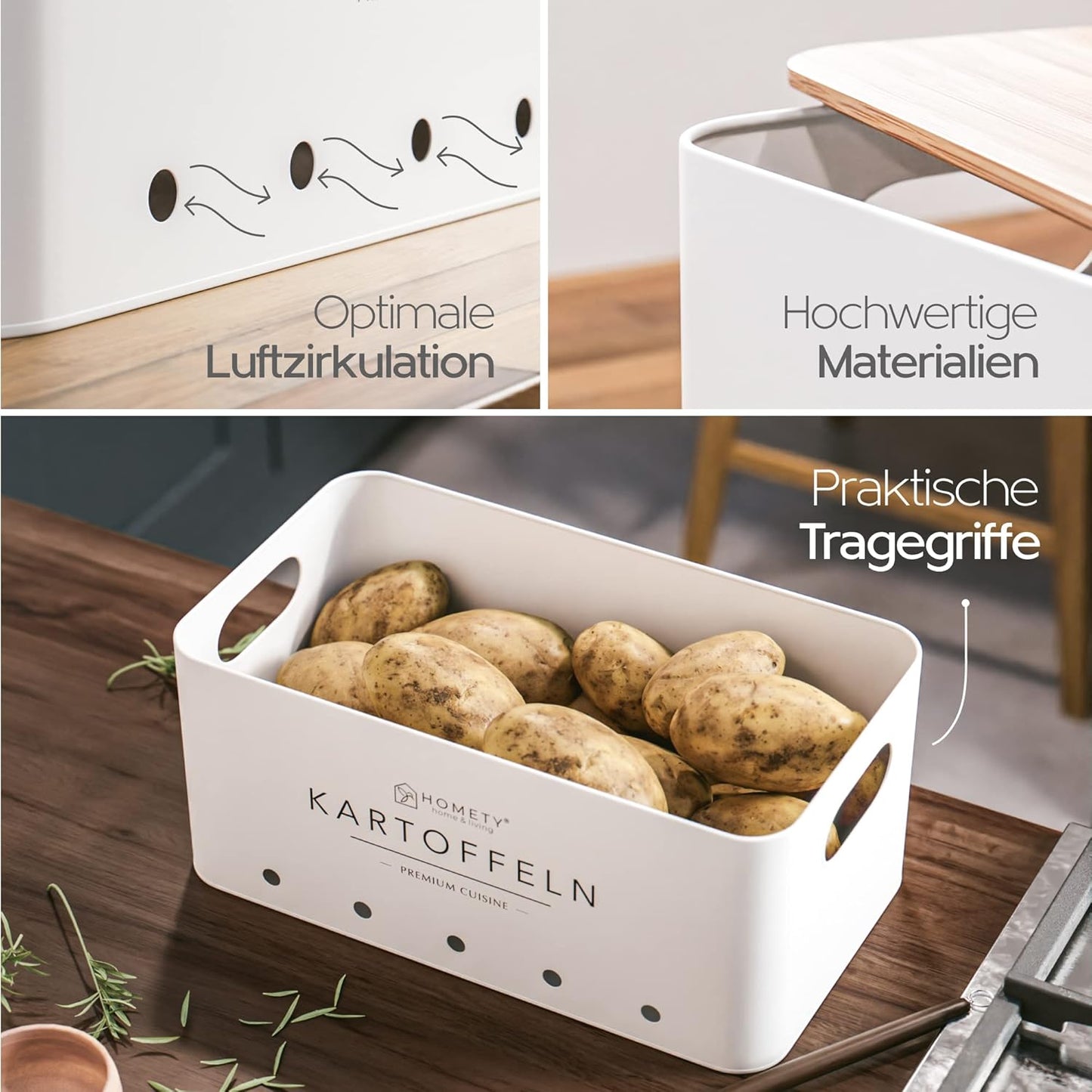 Kartoffel, Zwiebel & Knoblauch Aufbewahrungsboxen-Set (3-teilig), Weiss