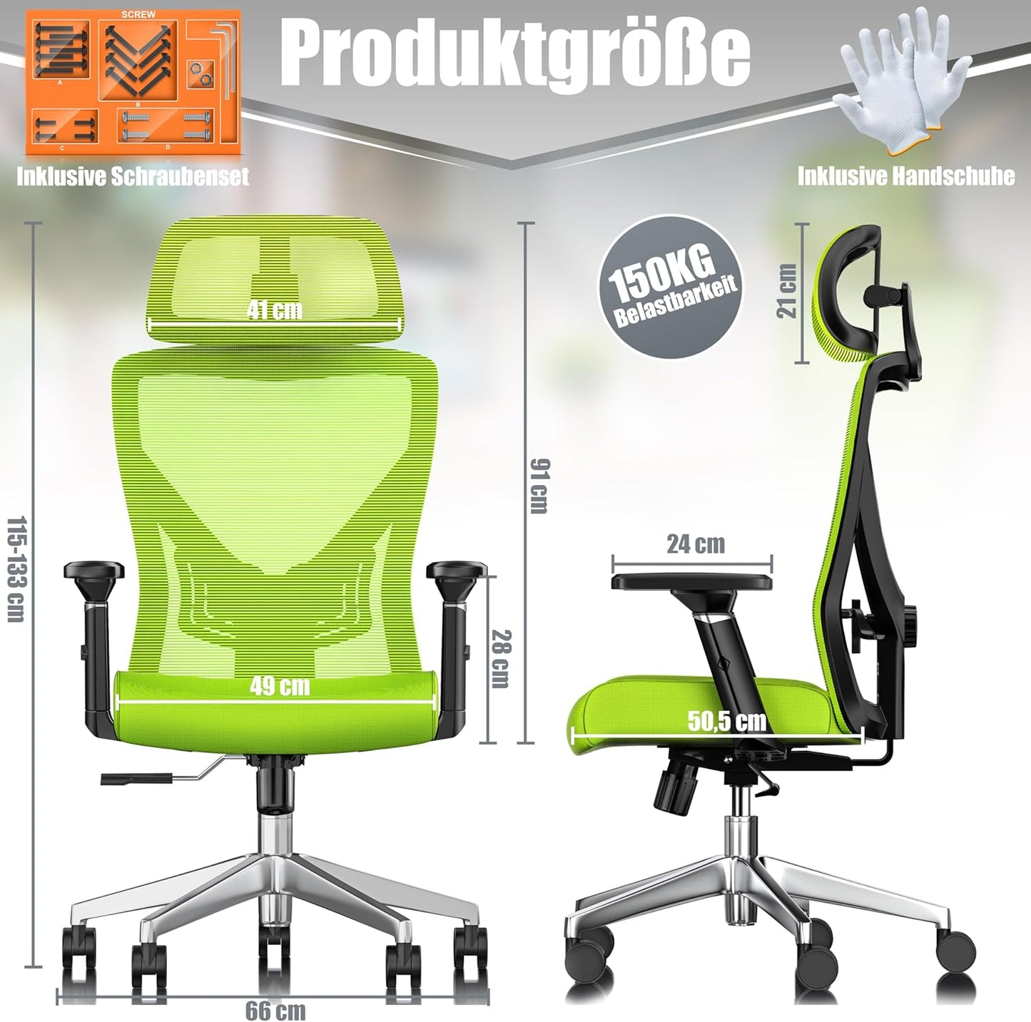 Ergonomischer Bürostuhl mit Wippfunktion und Lendenstütze, Grün / Silber