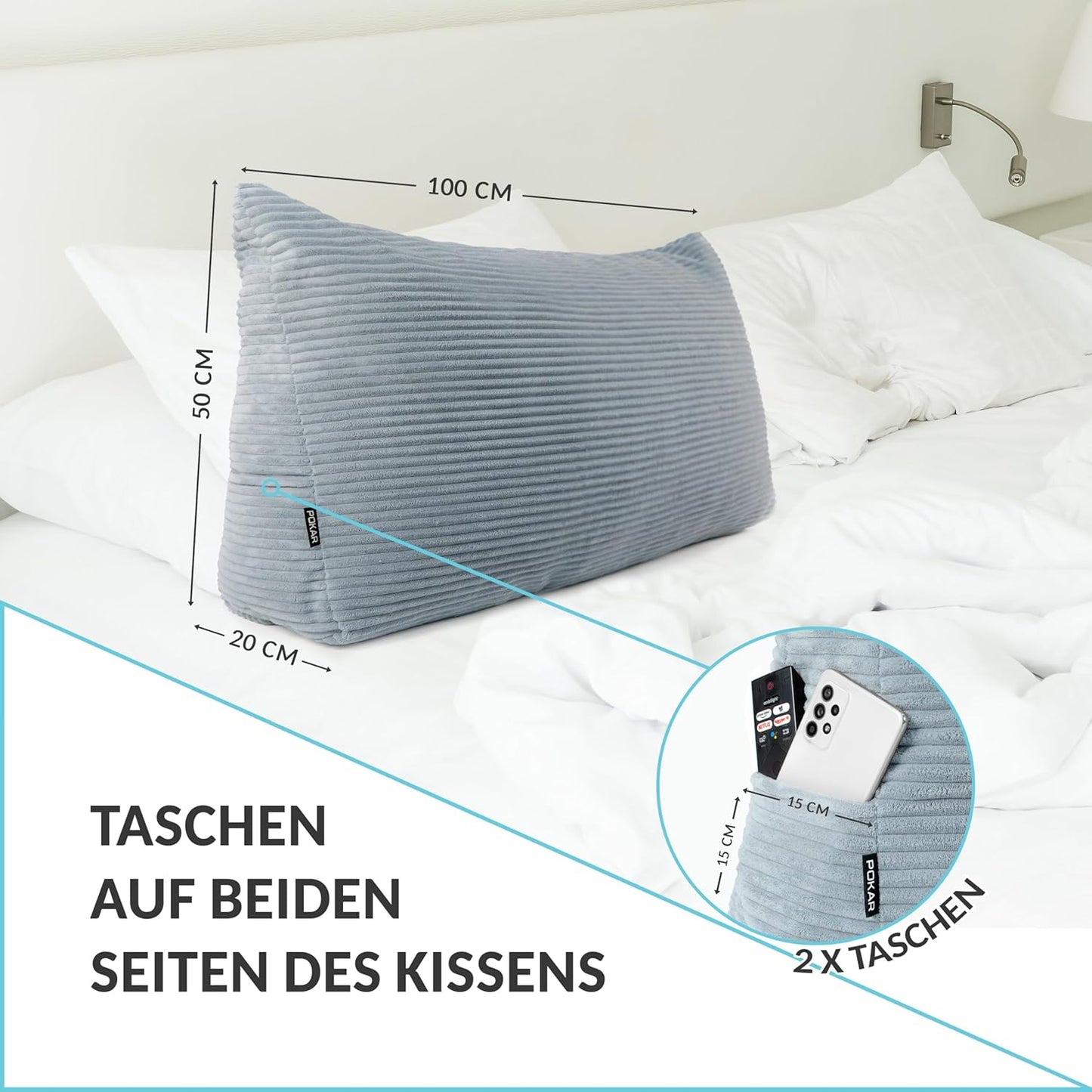 Rückenkissen Keilkissen mit Seitentaschen, 100x50 Braun