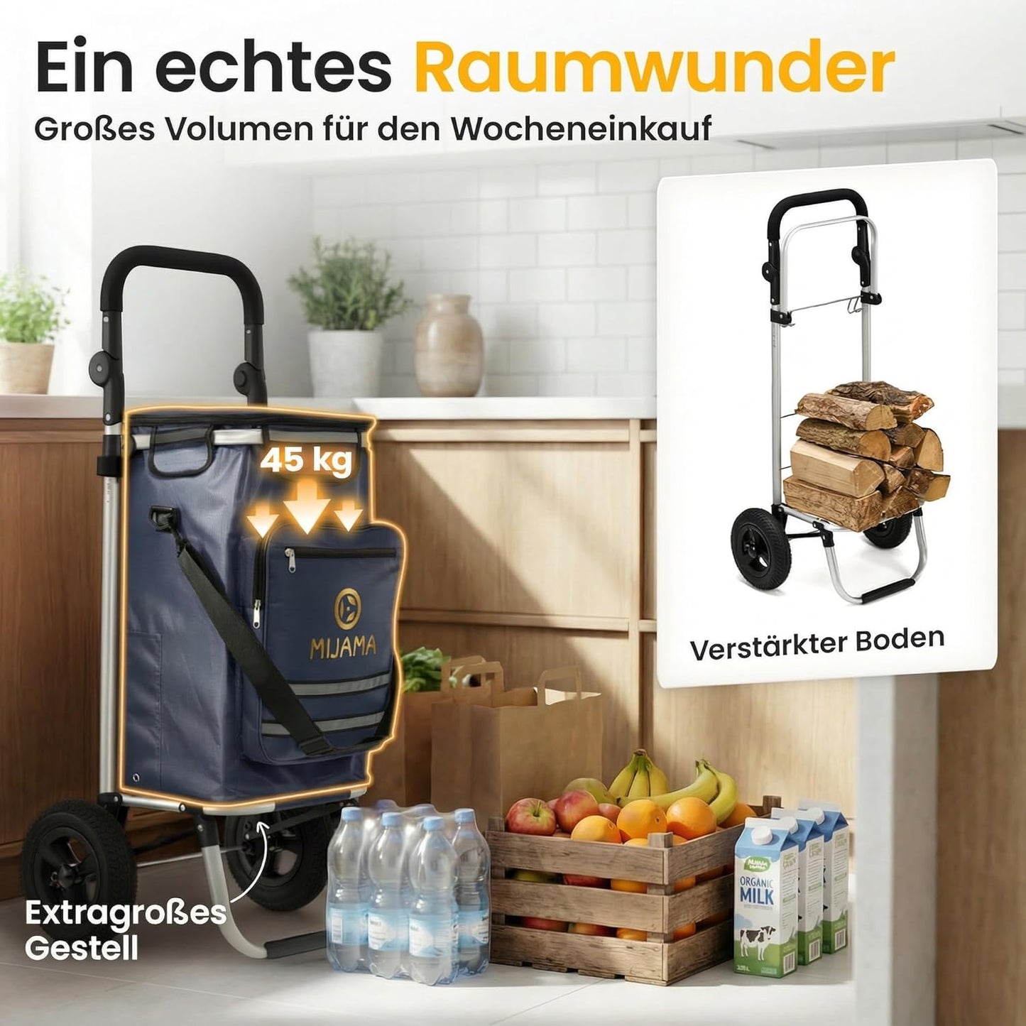 Einkaufstrolley mit grossen Lufträdern, klappbar, Dunkelblau