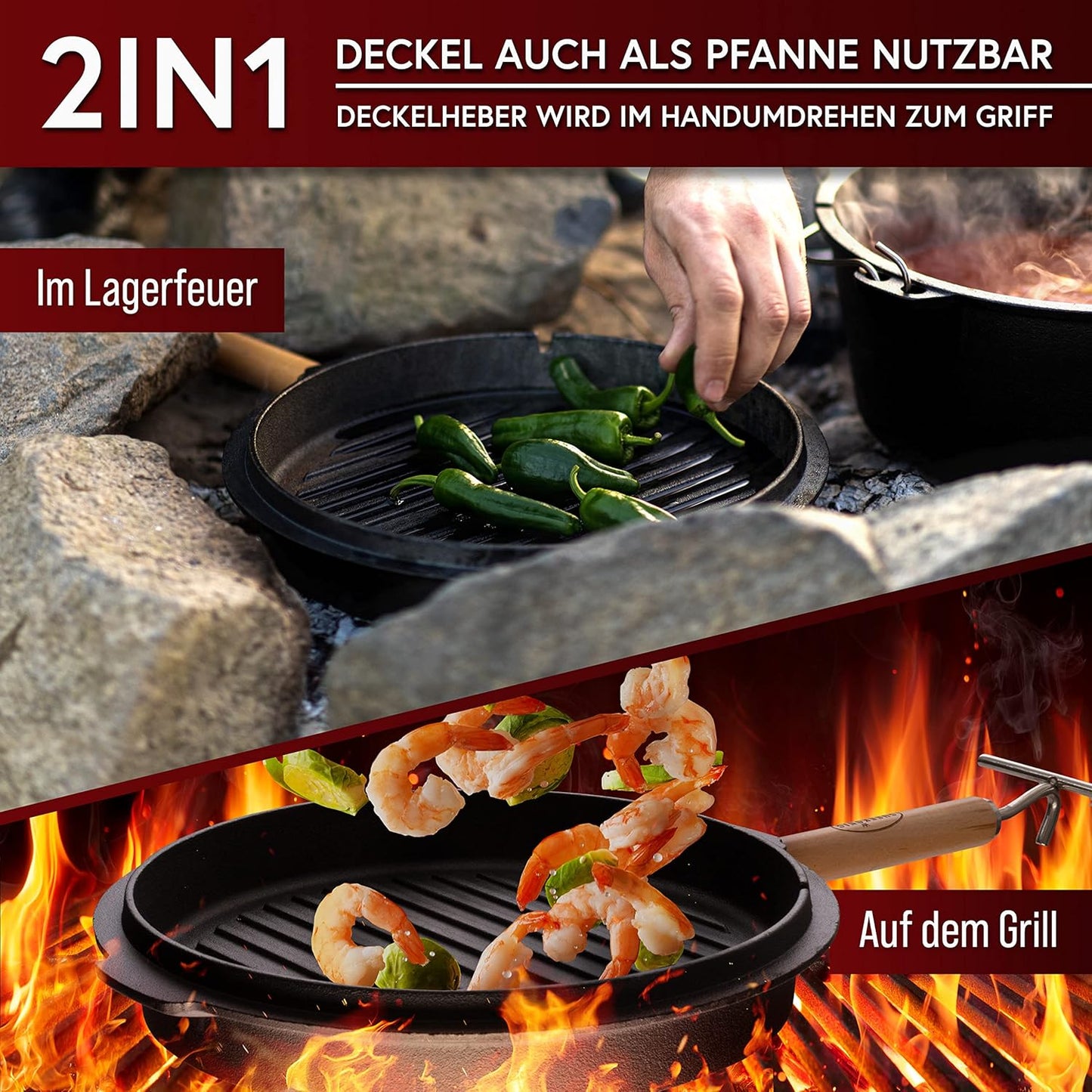 Dutch Oven Set mit Zubehör, Schwarz mit Füsse + Ringreiniger 4,5 Liter