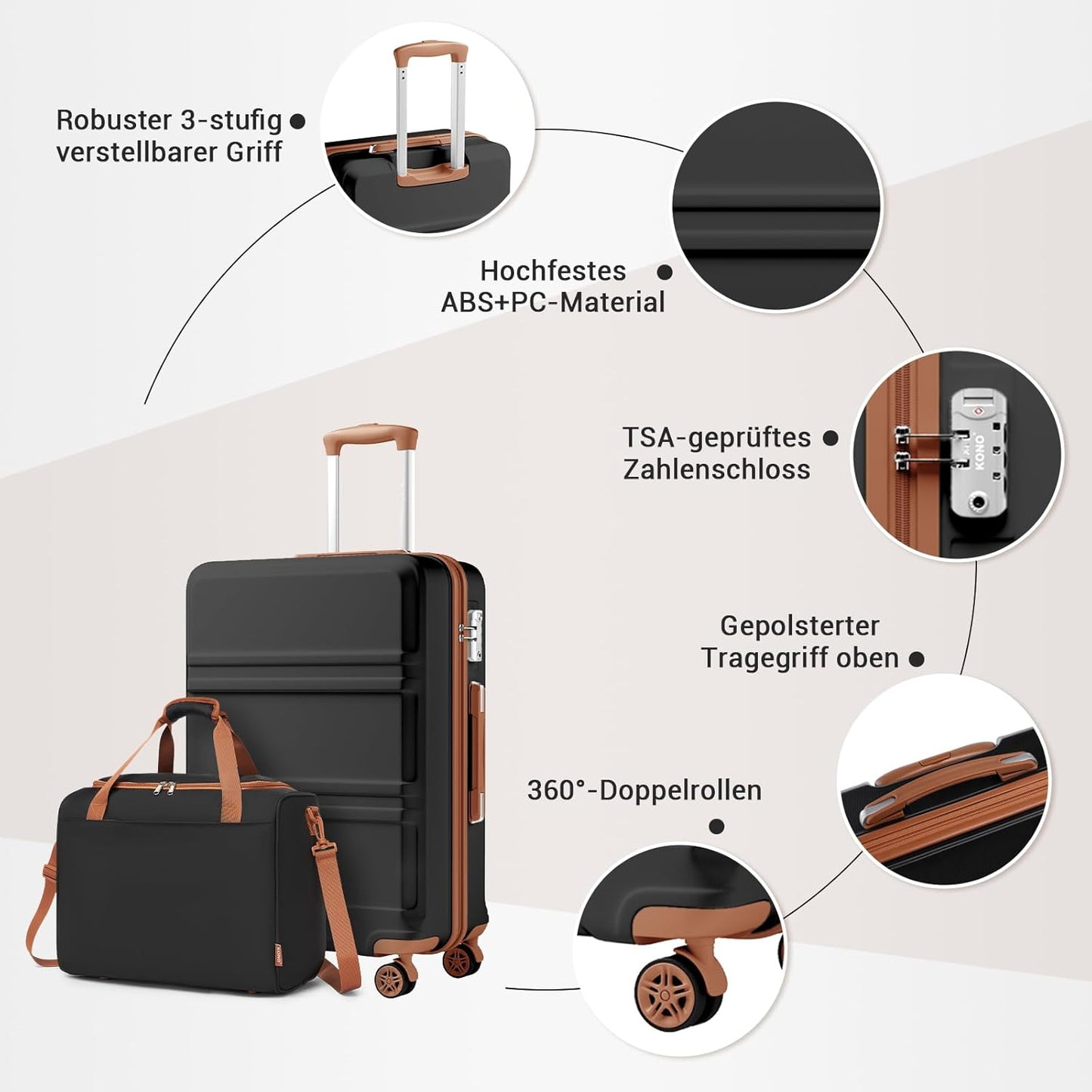 HandgepäckTrolley-Set, Schwarz/Braun 55cm Gepäck-Sets