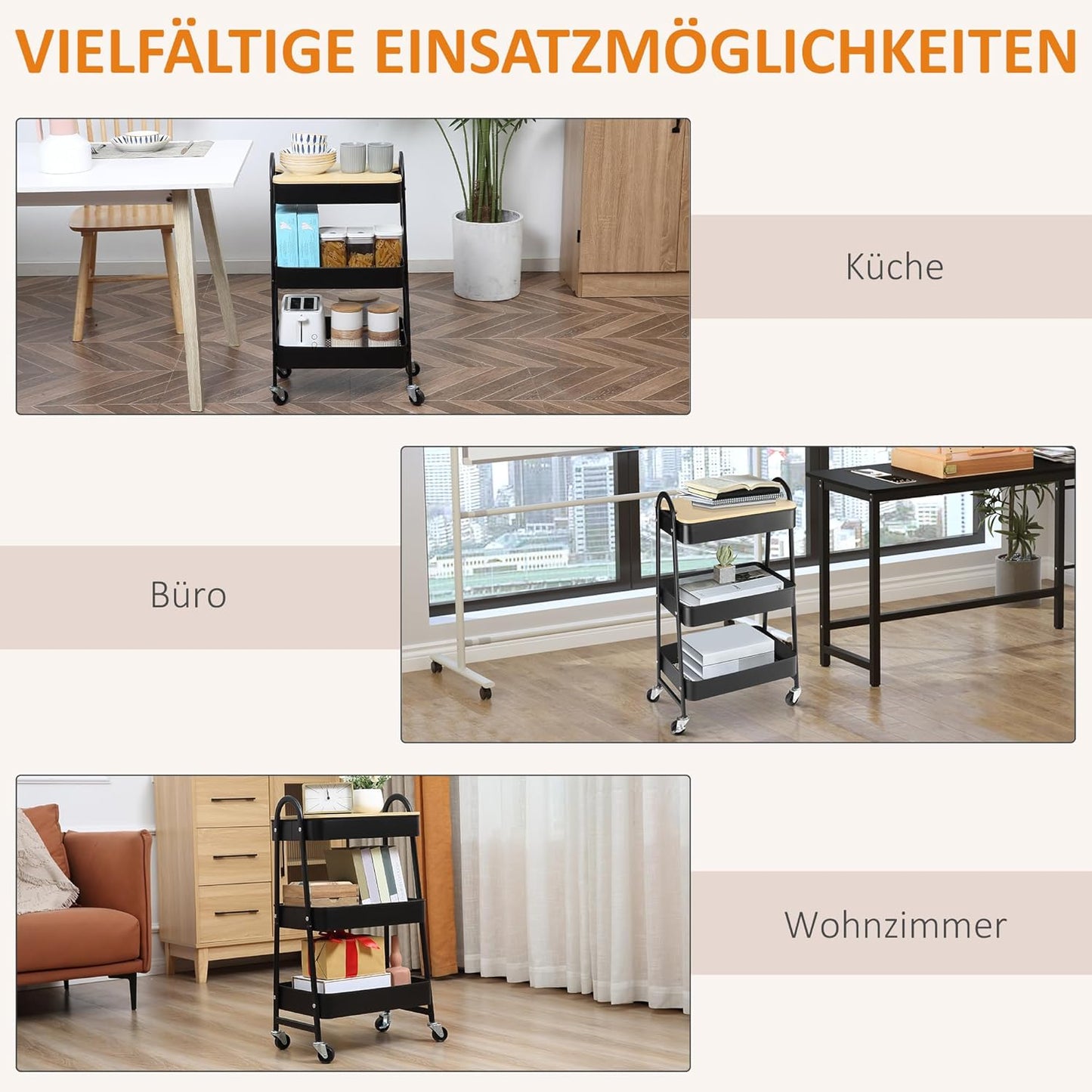 Servierwagen mit 3 Ebenen, Schwarz