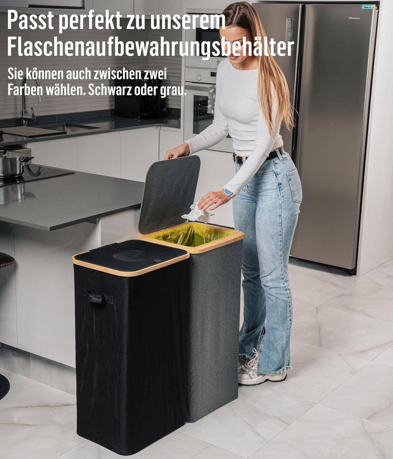 Müllsackständer mit Bambusrahmen, 90L - Schwarz