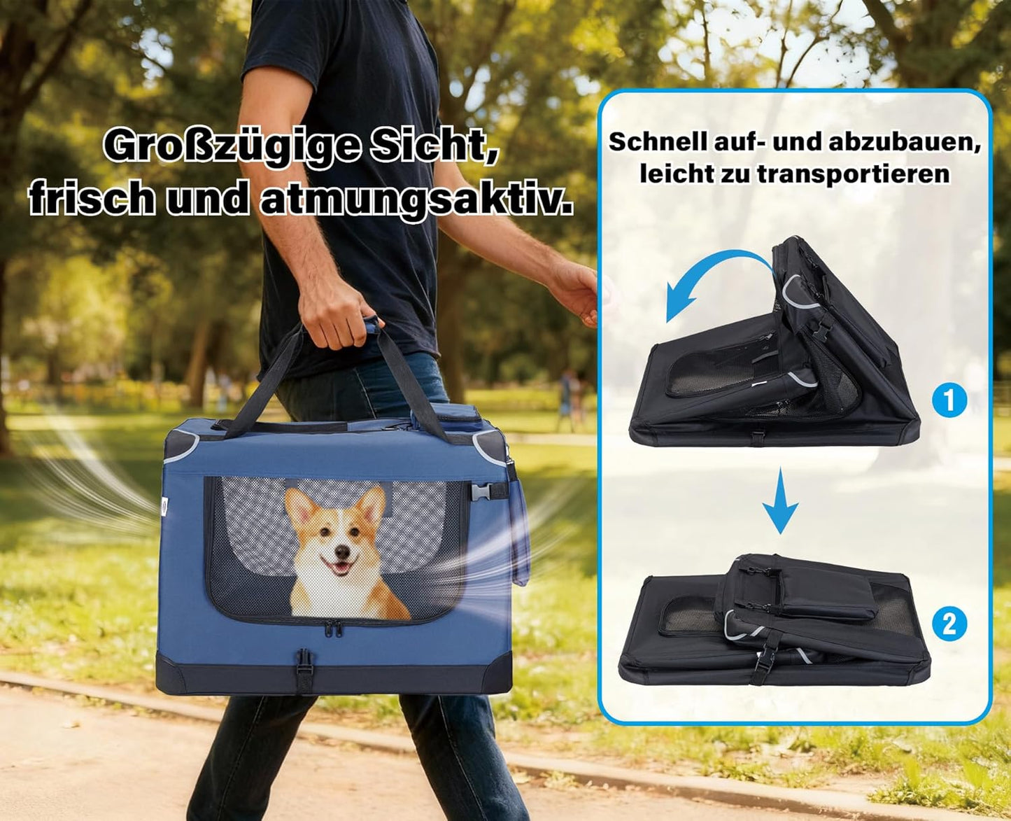 Faltbare Hundetransportbox mit Napf und Kotbeutel, XL Dunkelblau