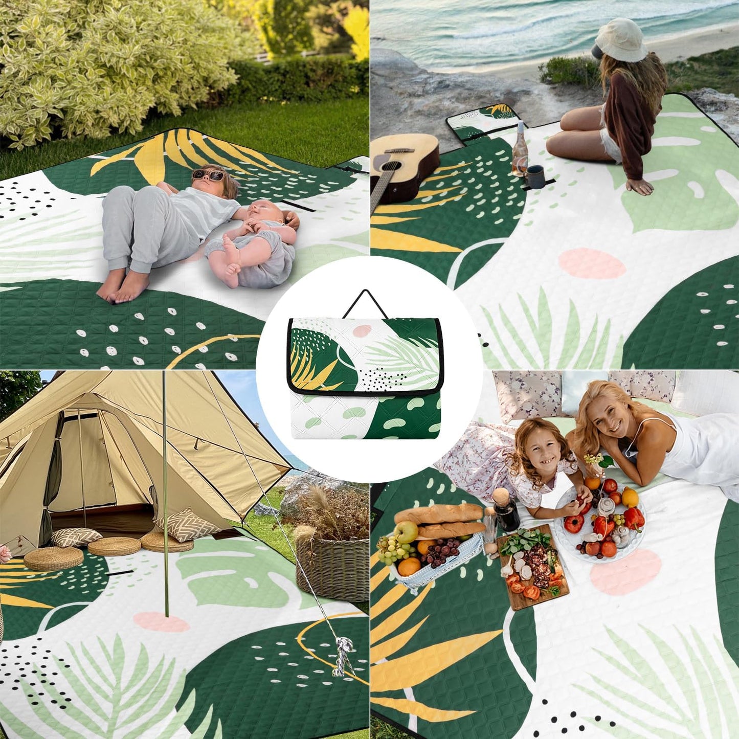 Picknickdecke 200x200 cm, Grün Blätter 200 x 200 cm