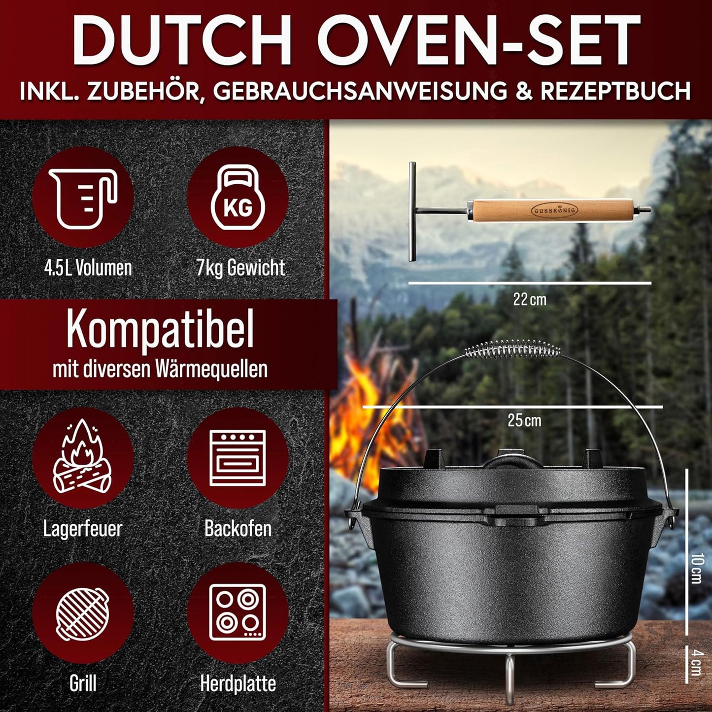 12-teiliges Dutch Oven Set mit Rezeptbuch & Pflegepaste, Schwarz Medium Set