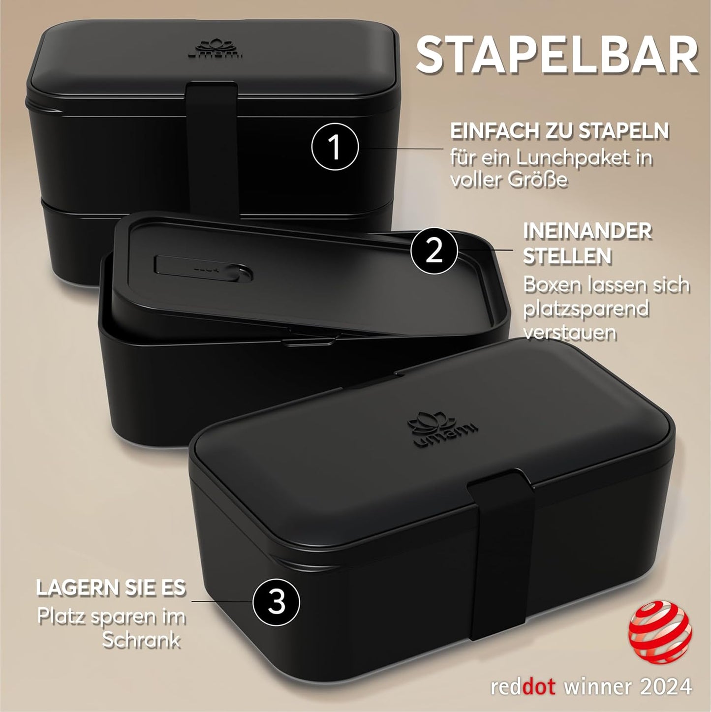 Bento Lunchbox mit Besteck & Fächern, Schwarzer Onyx L - 1500 ml