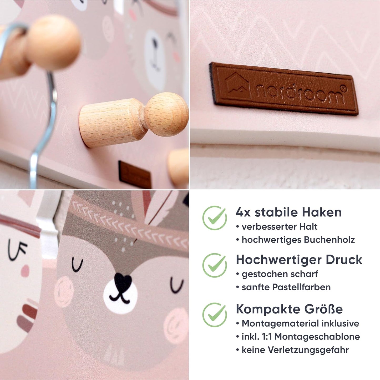 Wandgarderobe yunaå mit Tiermotiven und 4 Haken, yunaå