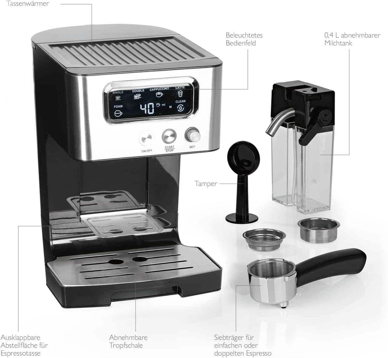 Siebträgermaschine für Espresso & Latte, Siebträgermaschine -15 bar