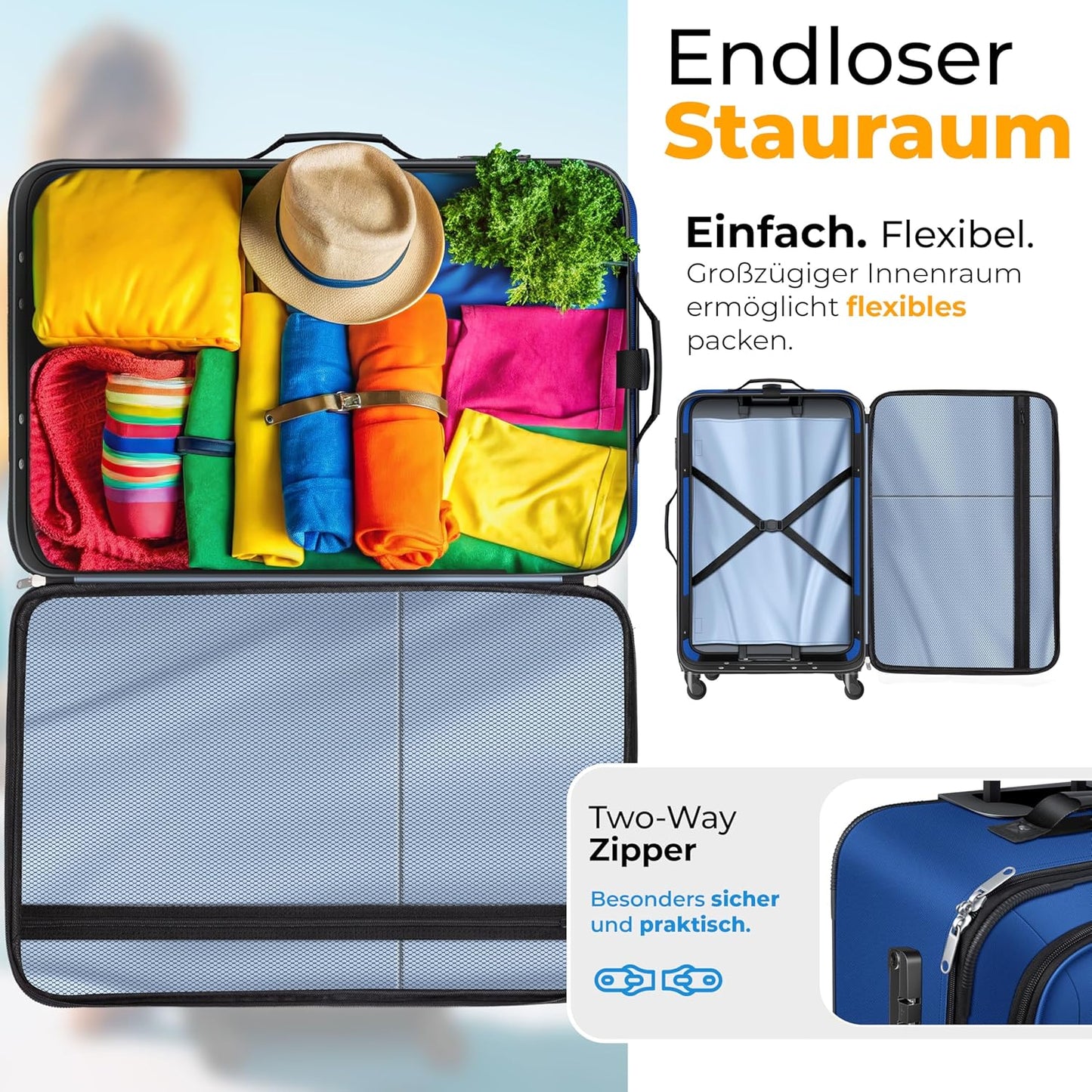 Reisekoffer Set mit TSA-Schloss und 360° Rollen (4-tlg), Blau