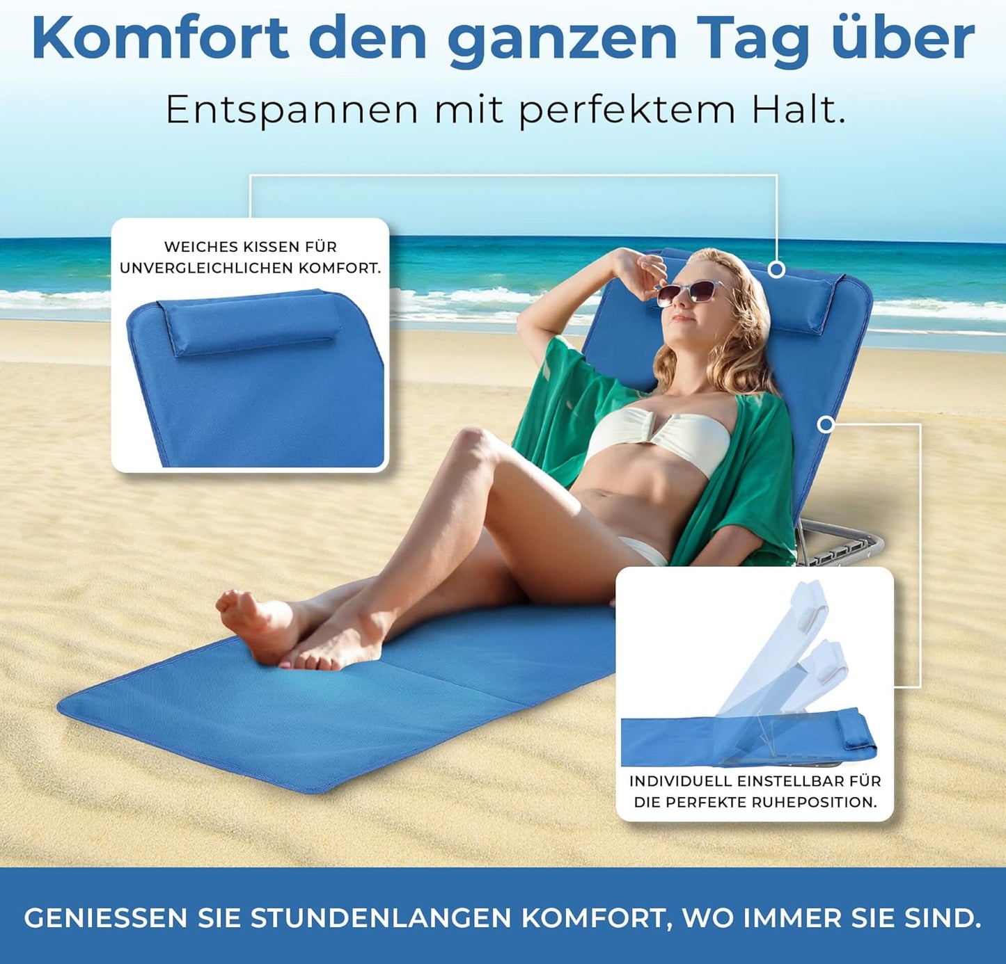 Strandmatte 2er-Set mit Verstellbarer Rückenlehne, Blau