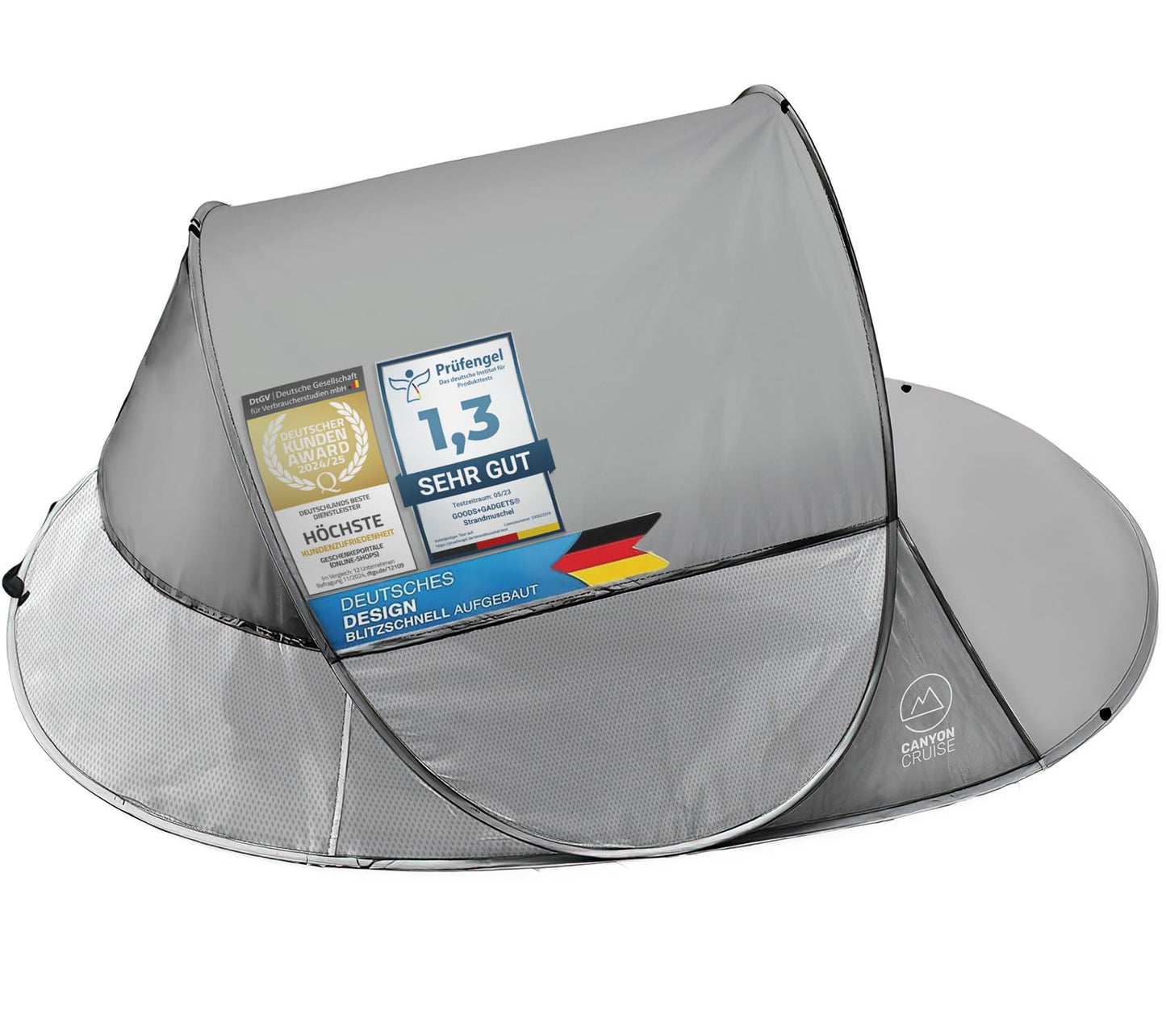 Pop-Up Strandmuschel mit UV-Schutz und Windschutz, Grau