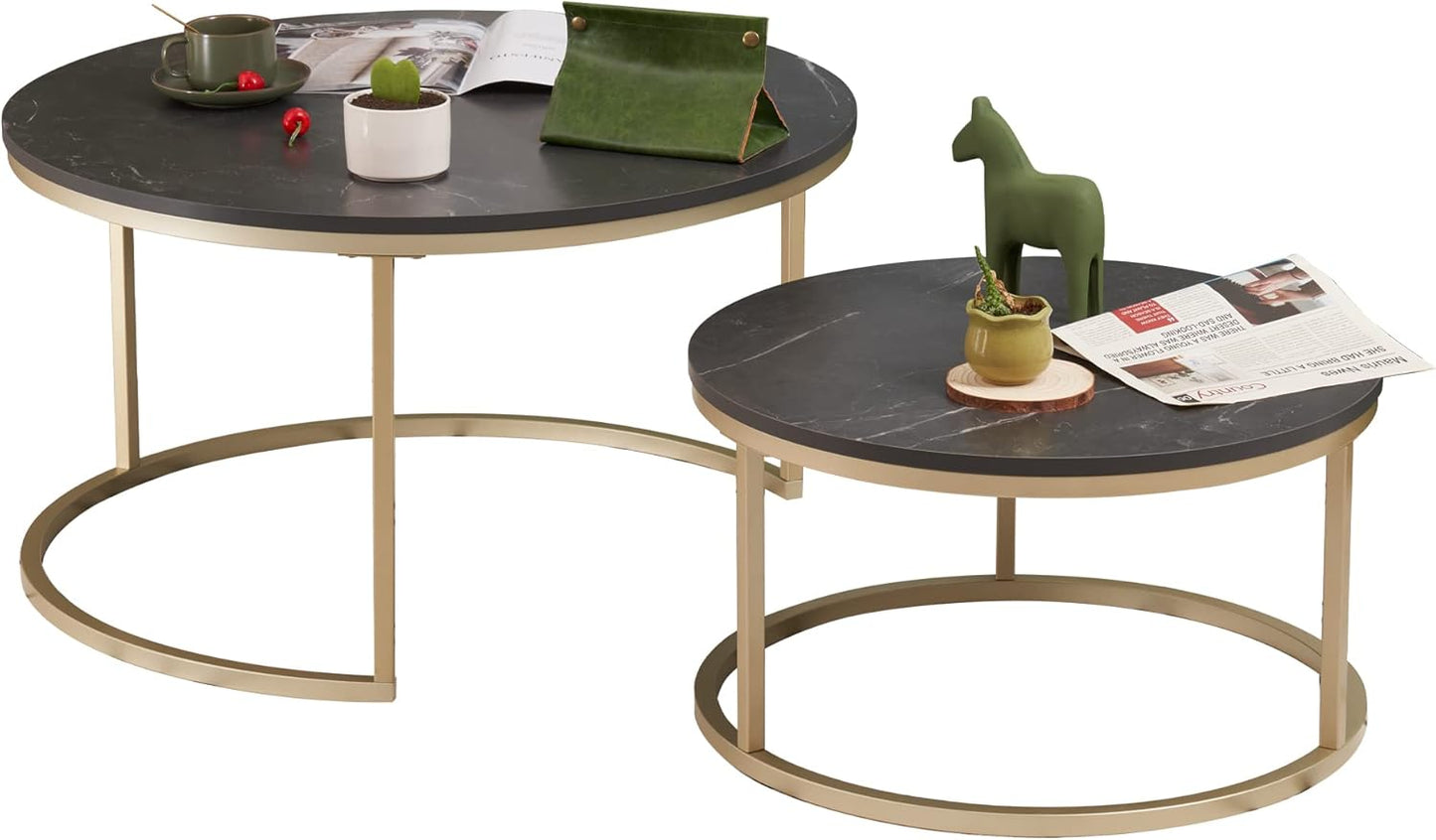2er-Set Runder Couchtisch, Schwarz & Gold