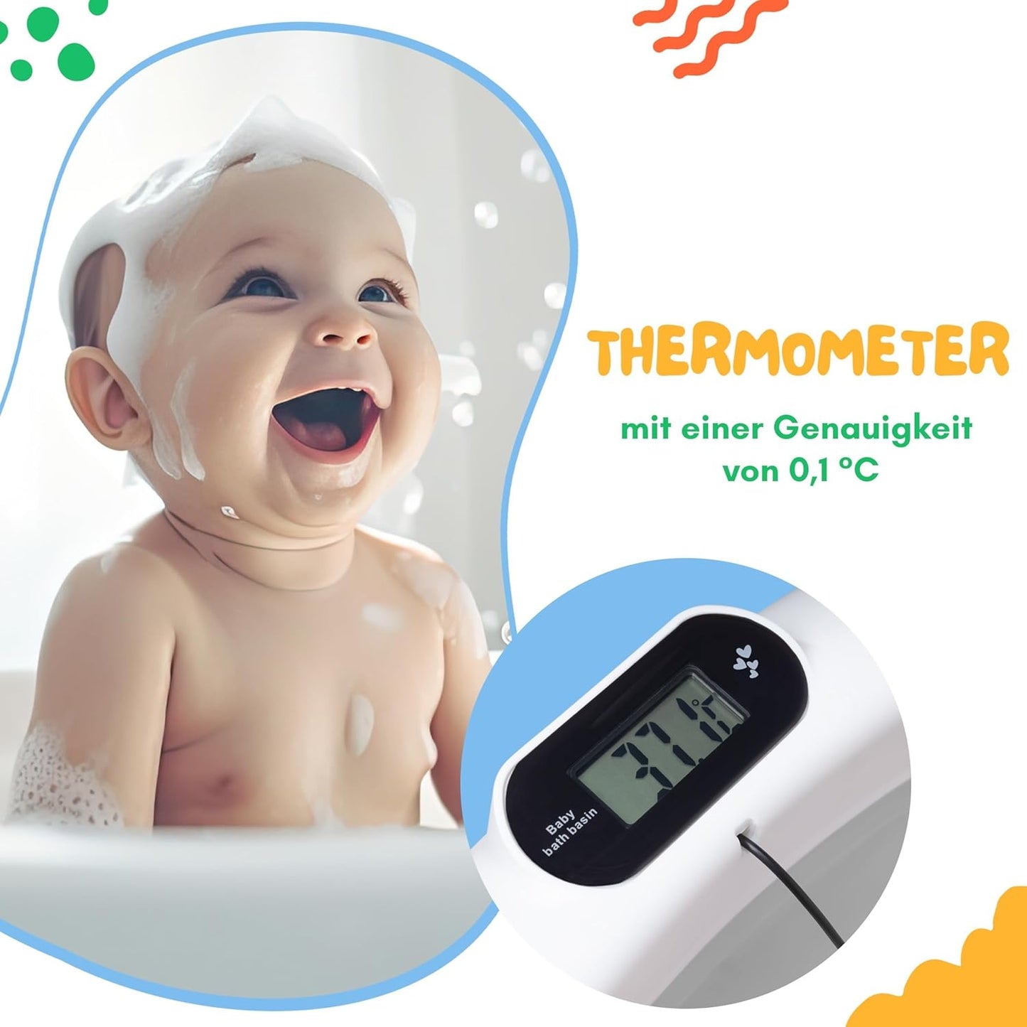 Faltbare Babybadewanne mit Gestell und Thermometer, Grau 84,5cm Höhe - mit Ständer