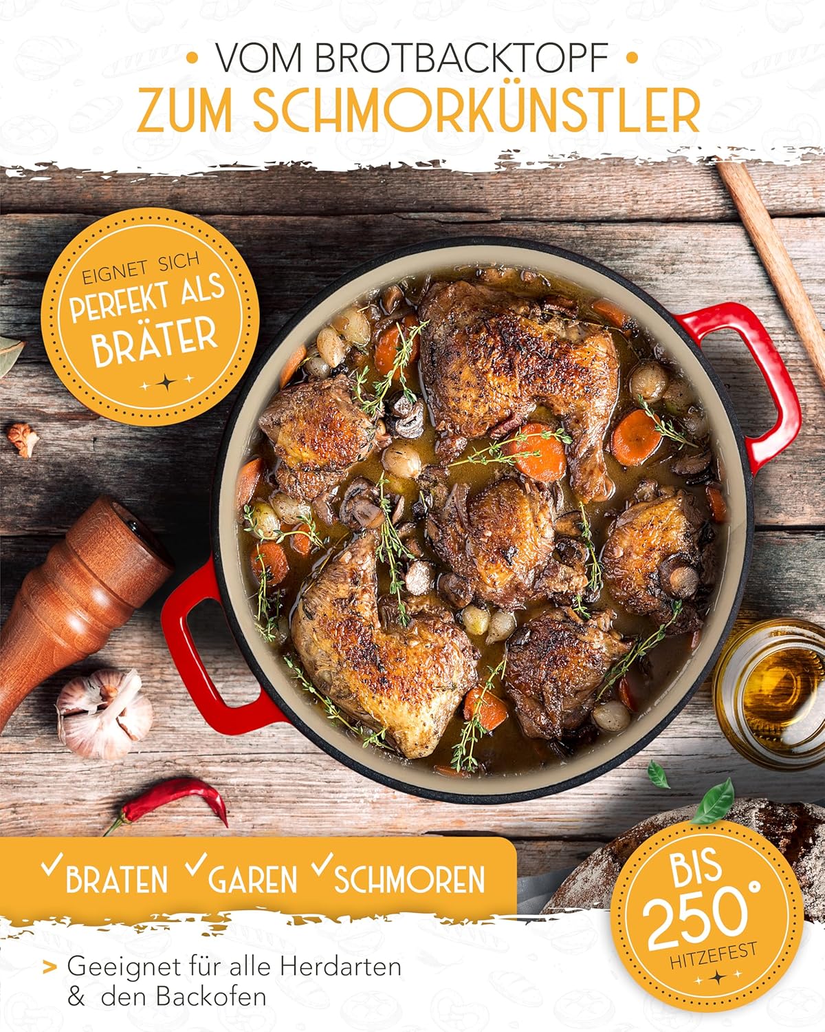 Schmortopf mit Deckel, Emaille Topf 4,7l - Rot - Einzeln