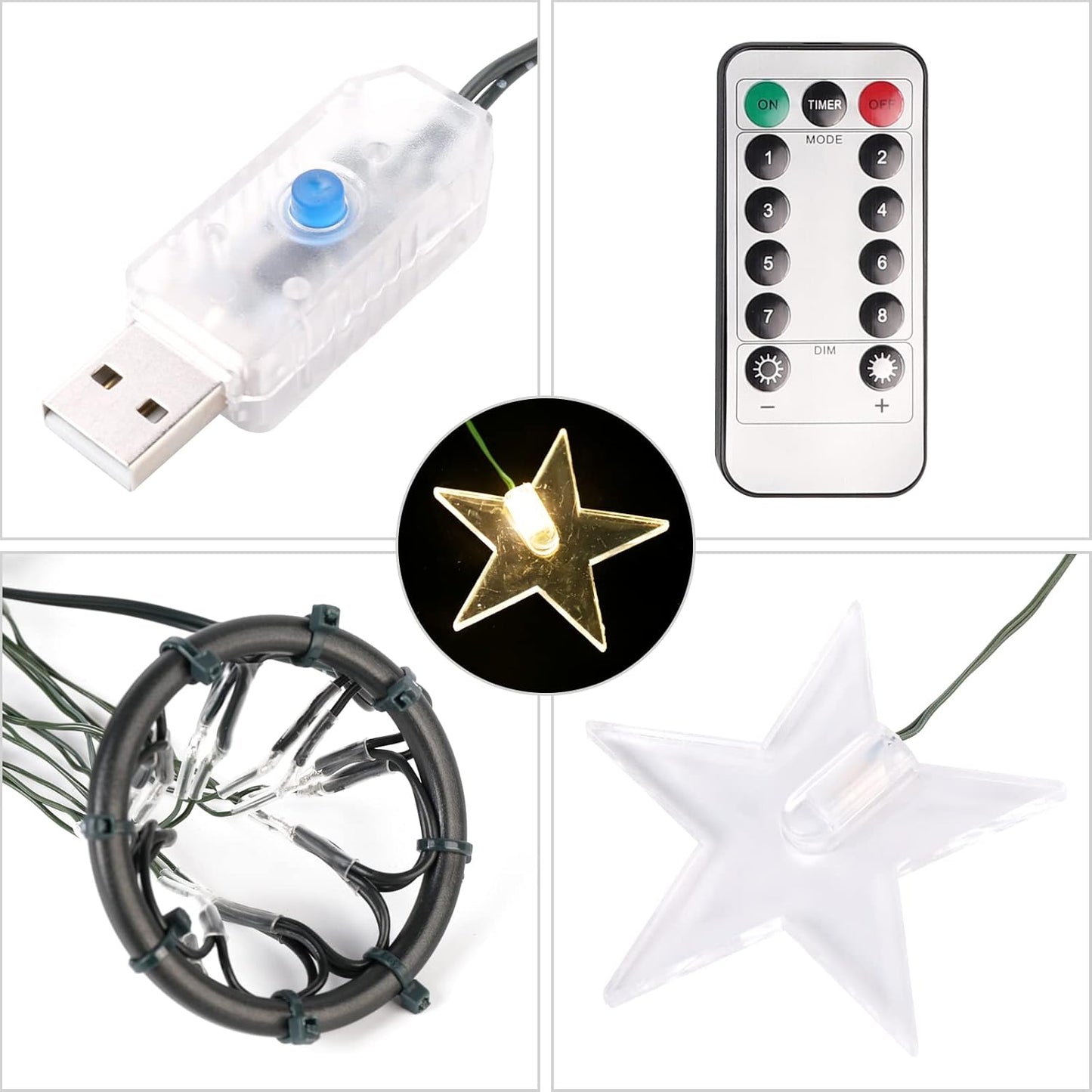 Christbaumbeleuchtung mit 10 Girlanden und 1 Weihnachtsbaumspitzestern, Warmweiss Sternspitze Usb 2m