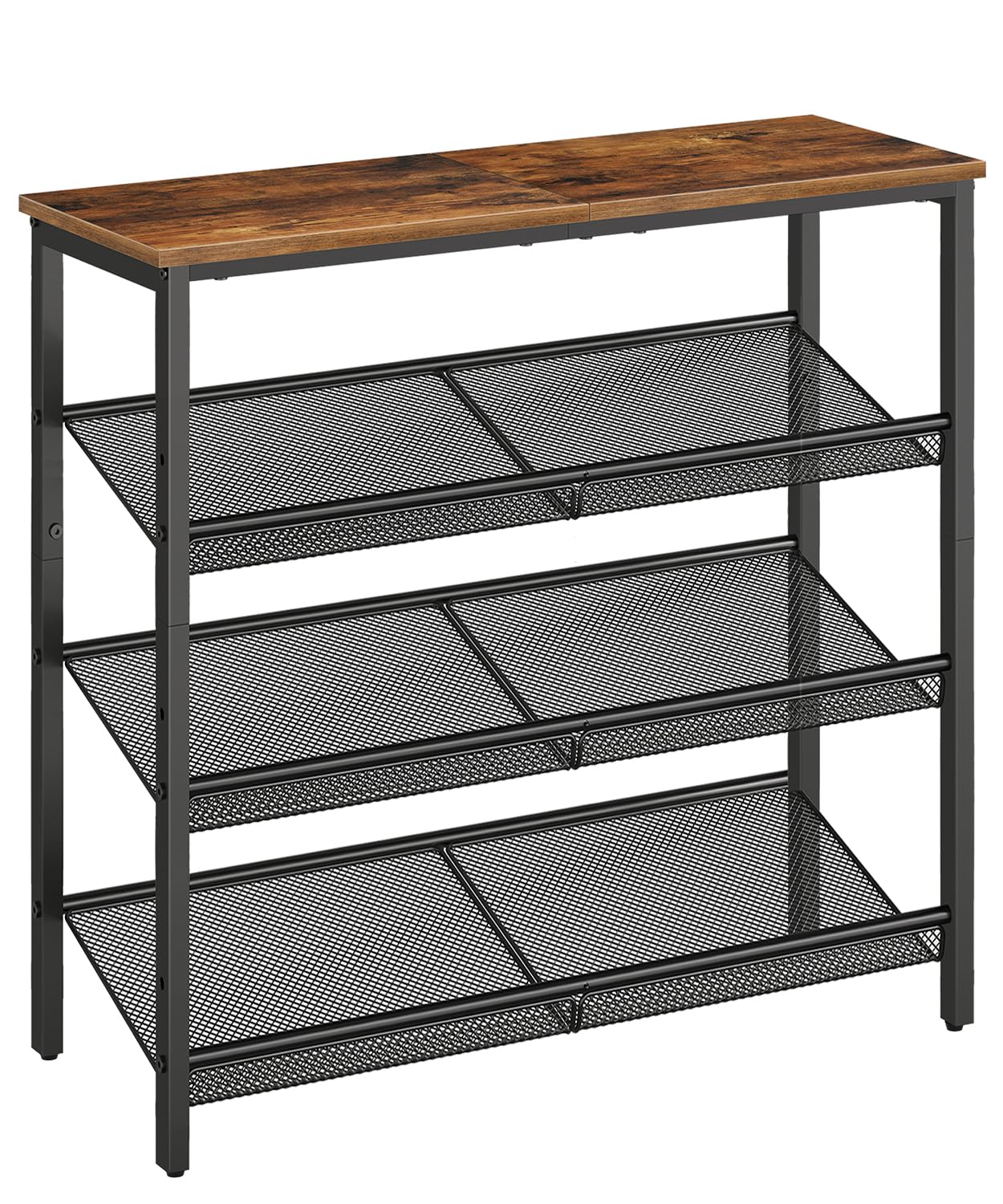 Schuhregal mit verstellbaren Metallgitterregalen (4 Ebenen), Dunkelbraun + Schwarz 75 x 30 x 69 cm