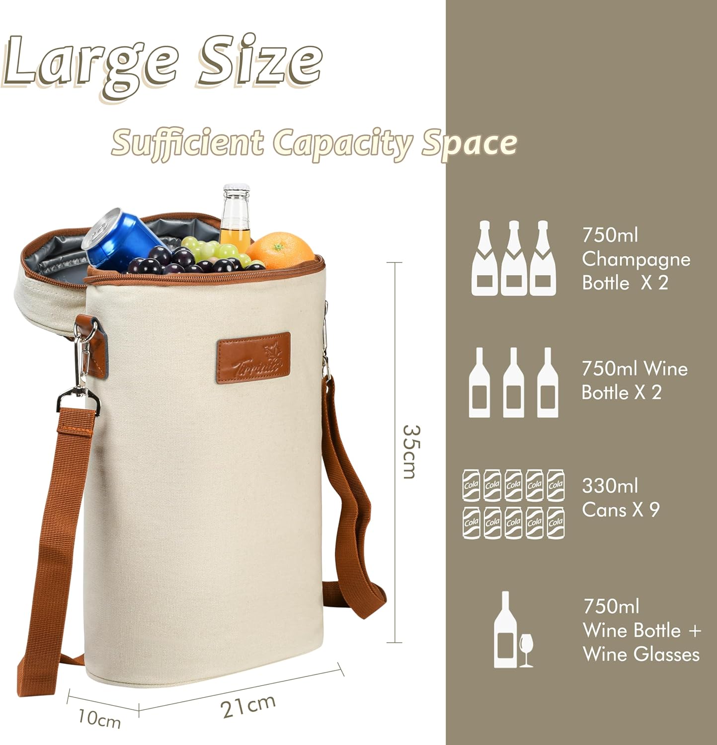 Flaschentasche mit Kühlfunktion und Korkenzieher, Kühltasche 2 Flaschen - Beige