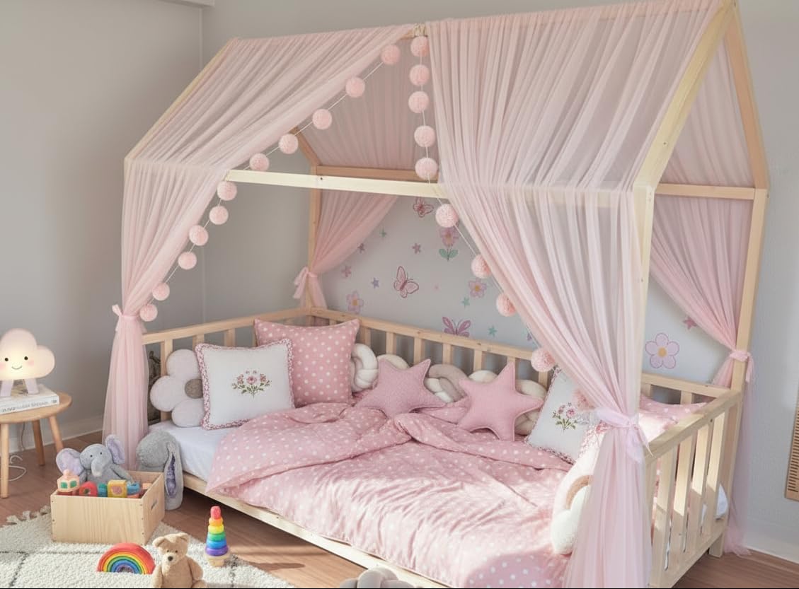 Betthimmel-Set für Kinderbett, Rosa 320cm, mit Pompomgirlande