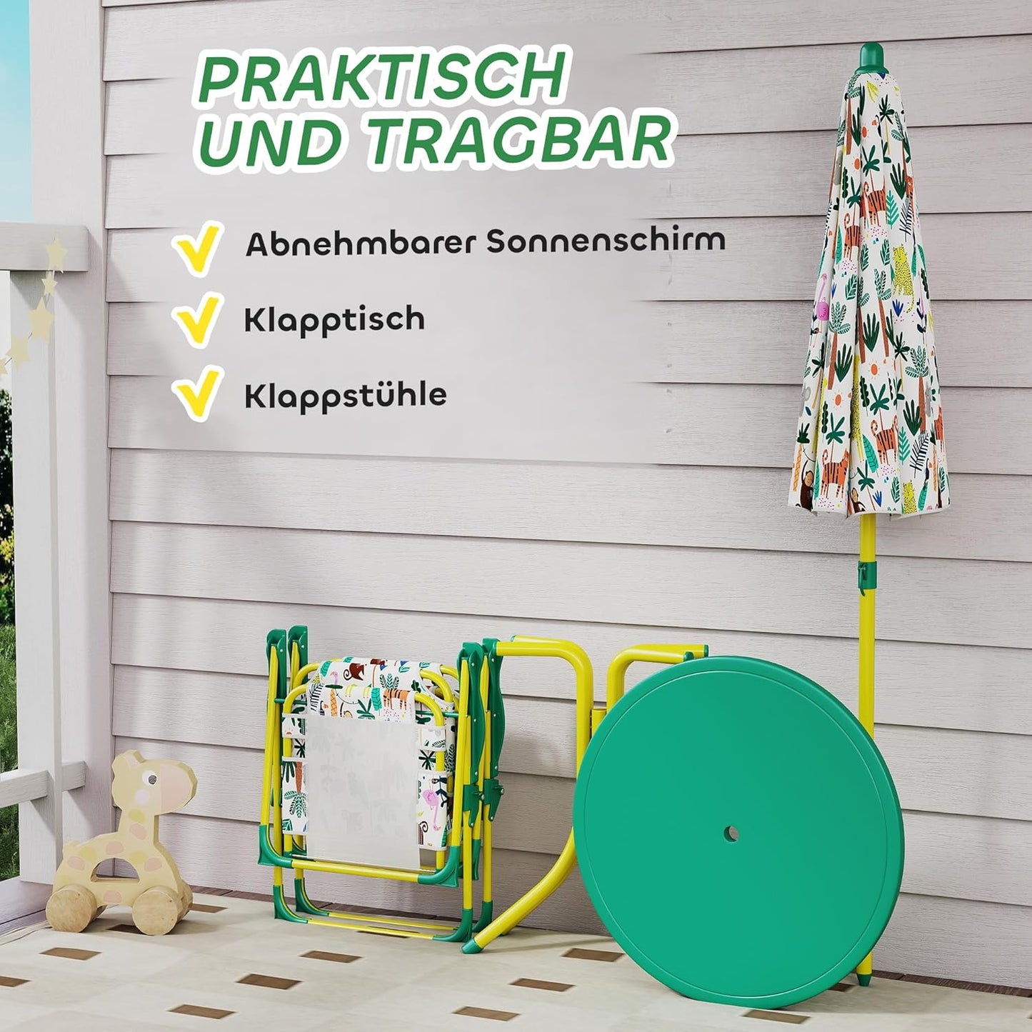 Kindersitzgruppe mit höhenverstellbarem Sonnenschirm, Grün-dschungelmuster