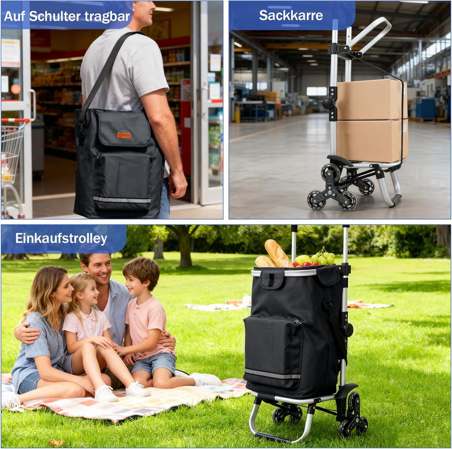 Einkaufstrolley mit Treppensteigerfunktion, Schwarz