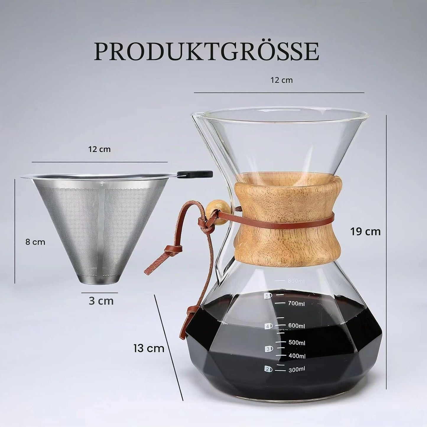 Pour Over Kaffeebereiter mit Edelstahlfilter, 800 ml, 800 ml(Steel Filter, Clear)