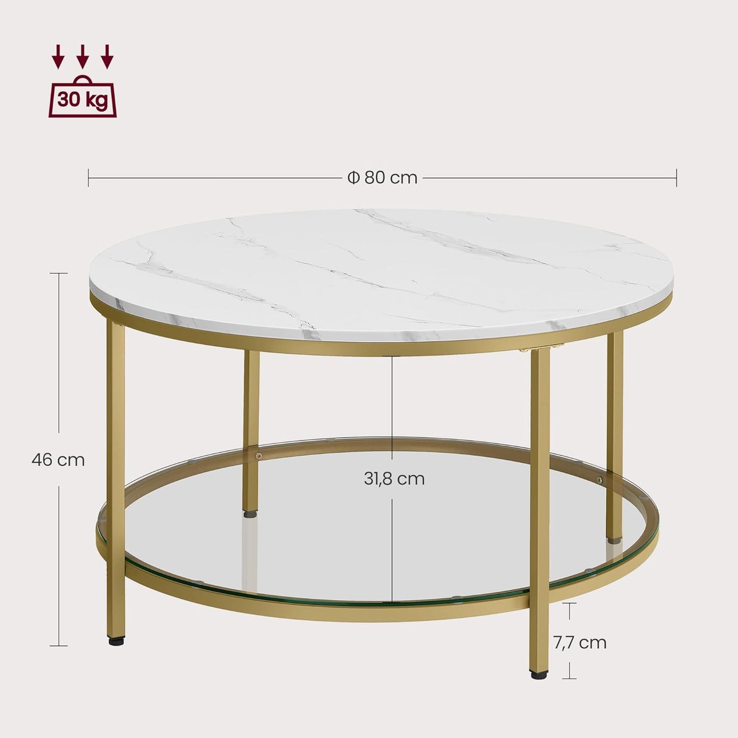 Moderner Couchtisch mit Glasplatte und Stauraum, Marmorweiss + Helles Gold 80d cm