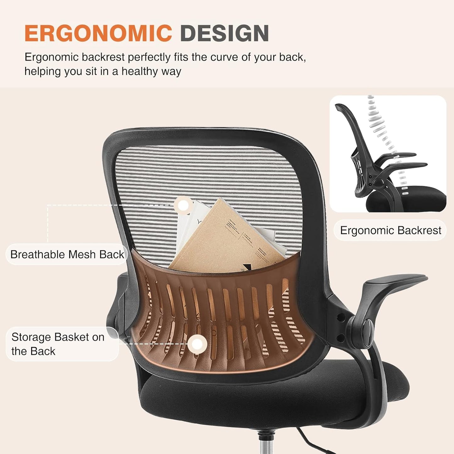 Ergonomischer Bürostuhl mit Lendenwirbelstütze, Schwarz Klappbare Armlehne