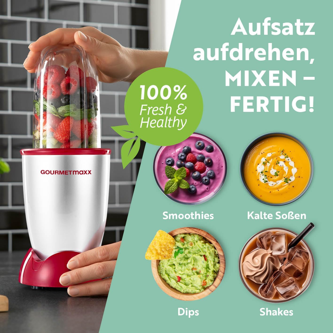 Power Pro Standmixer mit To-Go-Becher, Silber-rot | 400 W Power + | L-set