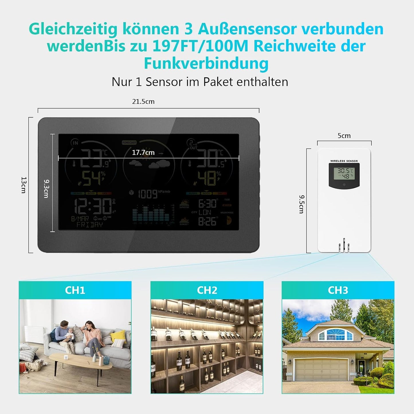 Funk-Wetterstation mit Aussensensor und Farbdisplay, Anthrazit