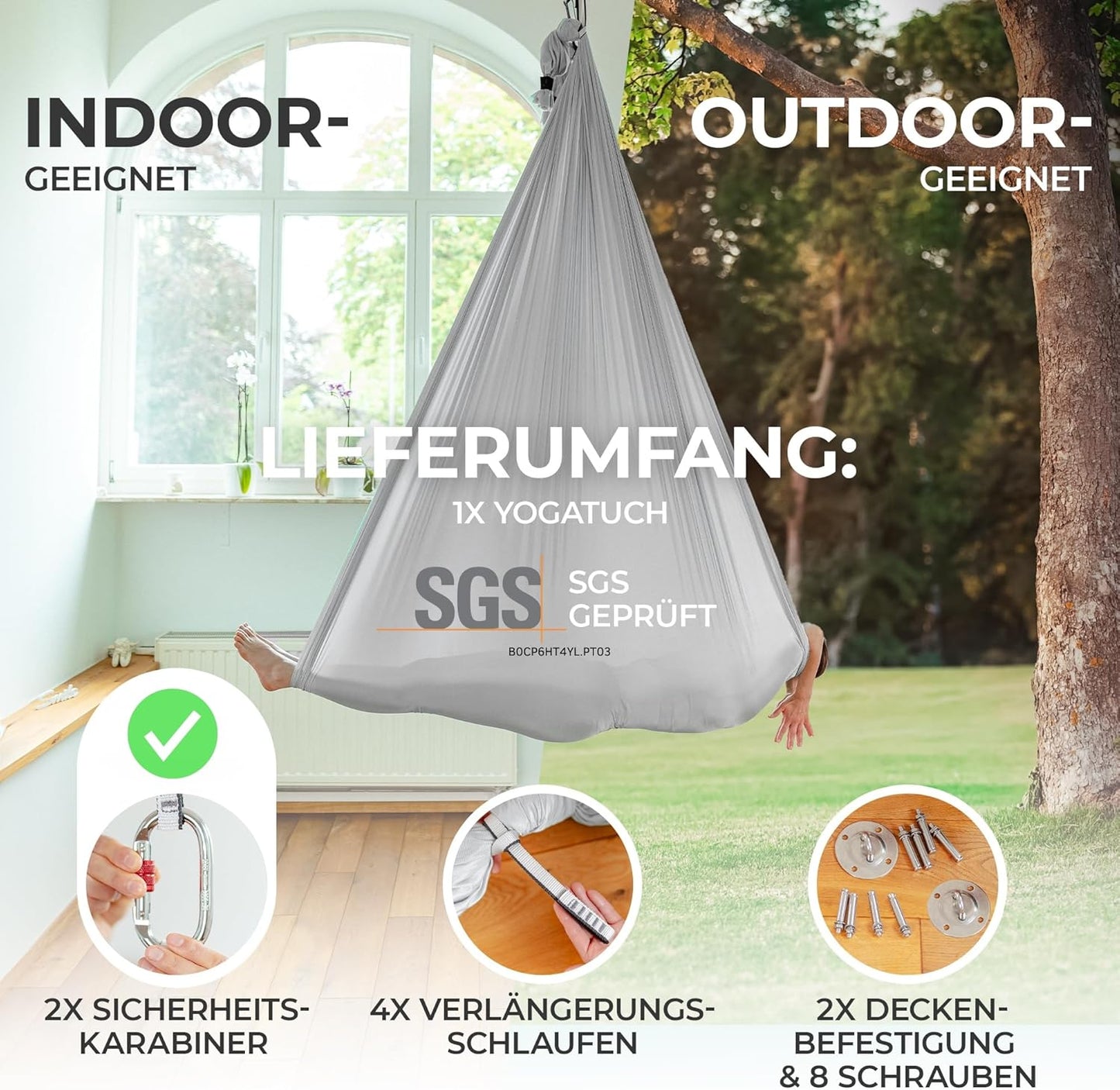 Yogatuch für Aerial Yoga, Silbergrau (1 Set) Einheitsgrösse