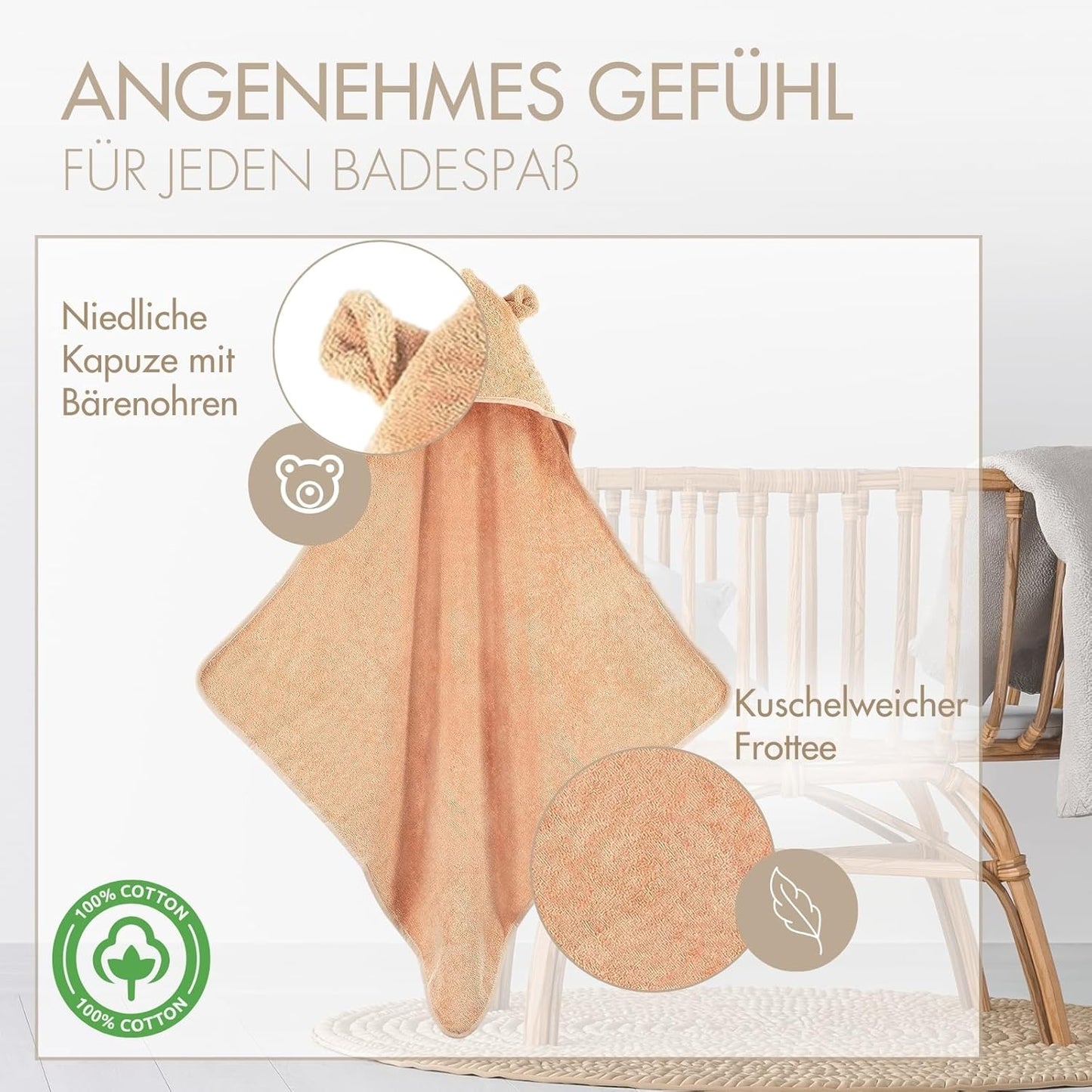 Baby Kapuzenhandtuch aus 100% Frottee-Baumwolle, Puder Kapuze mit Ohren