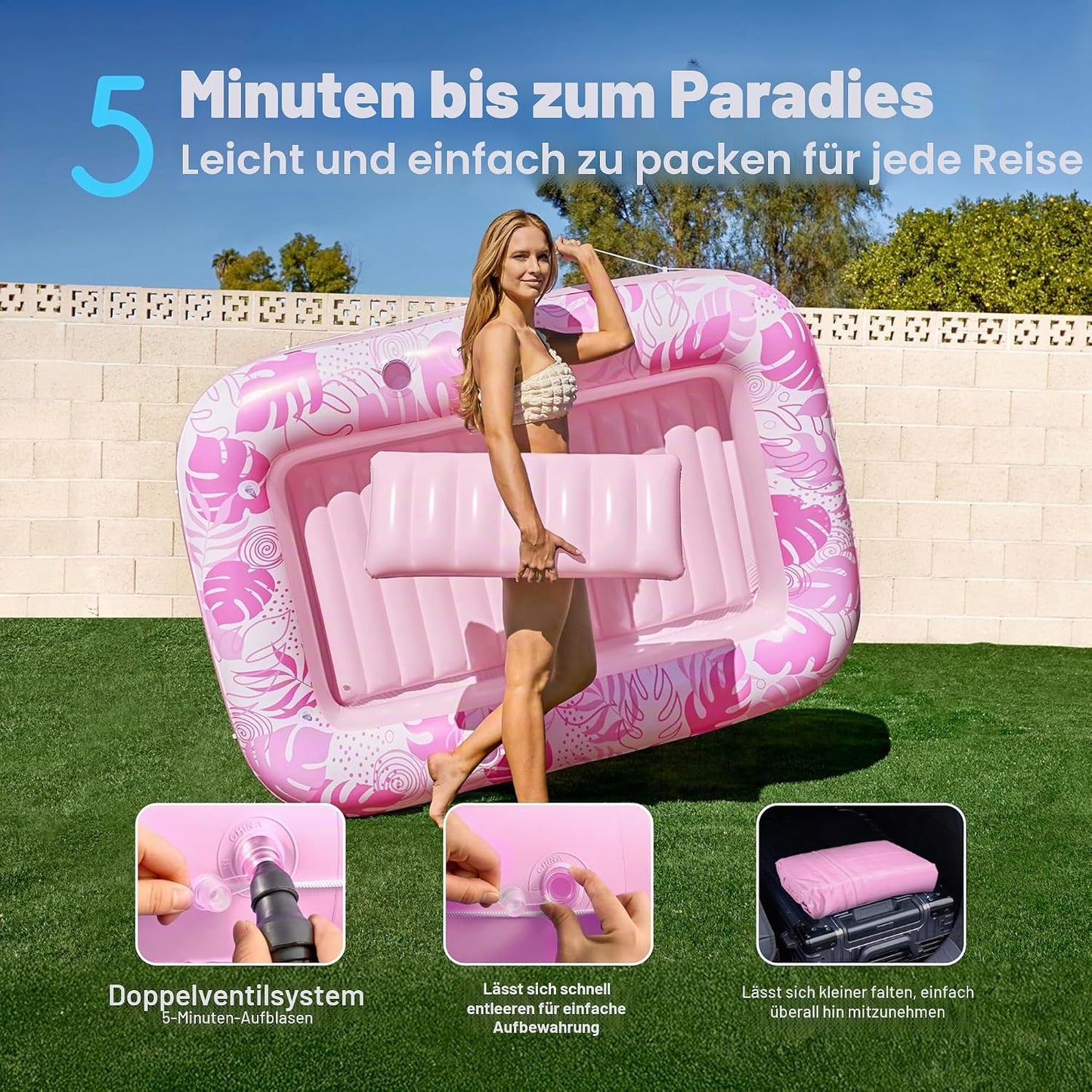 Aufblasbarer 4-in-1 Sonnenliegepool mit Kissen und Getränkehalter, Zartrosa L