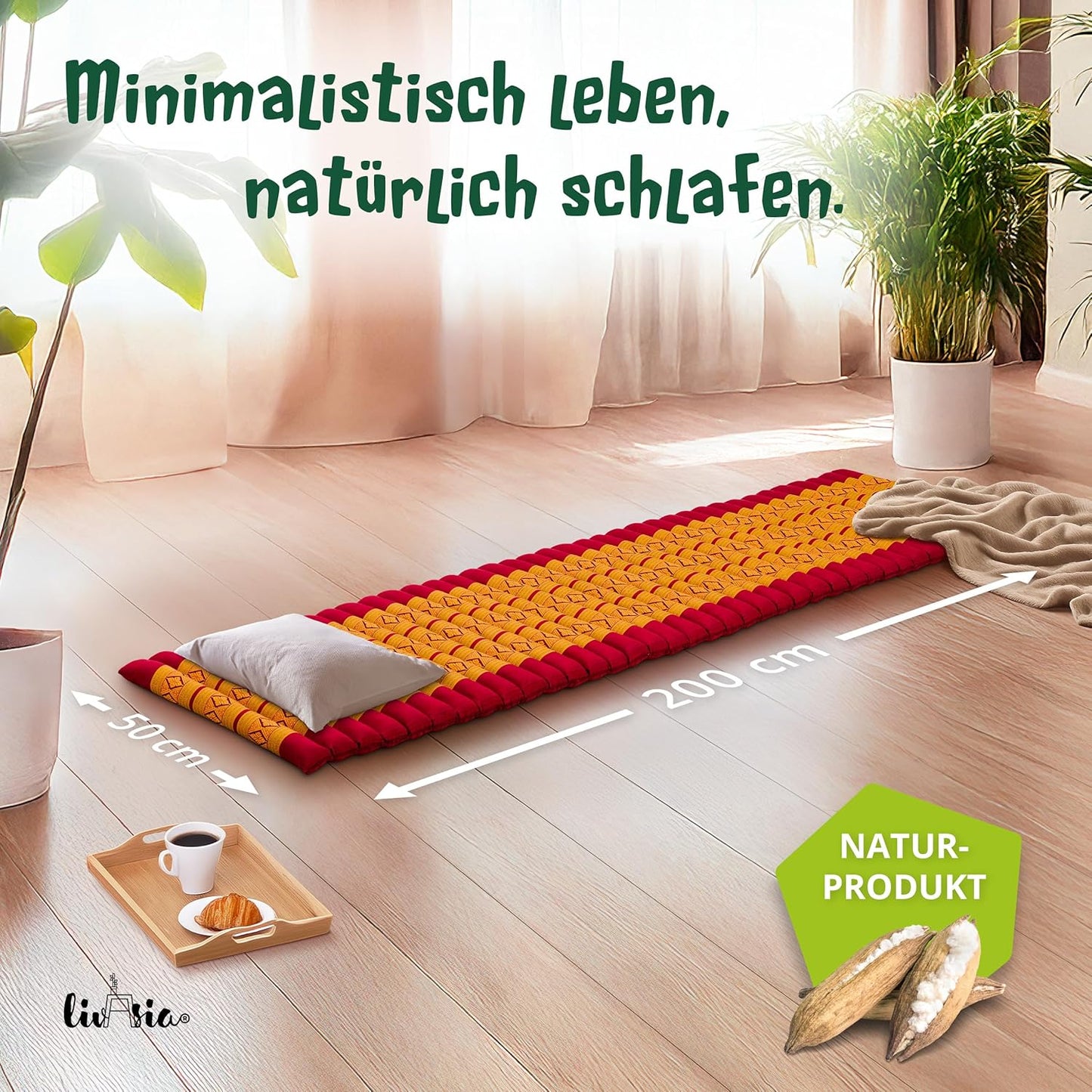 Rollmatratze Gästebett für 1 Person (200x110x4,5 cm), S (200 x 50 cm) Rot/Gelb
