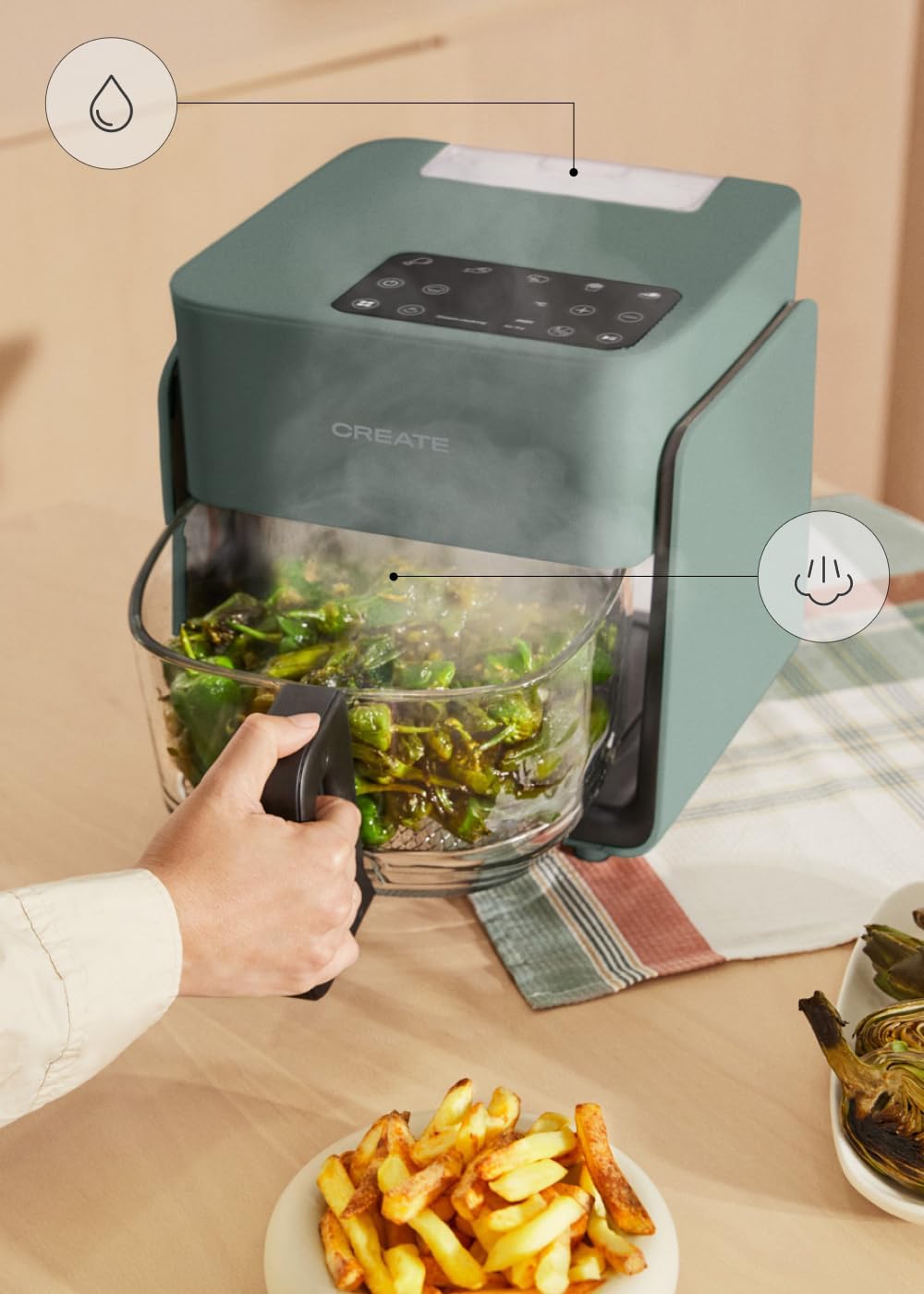 Heissluftfritteuse mit Dampfgarer, Salbeigrün, 4,2L mit Wasserdampfgarer