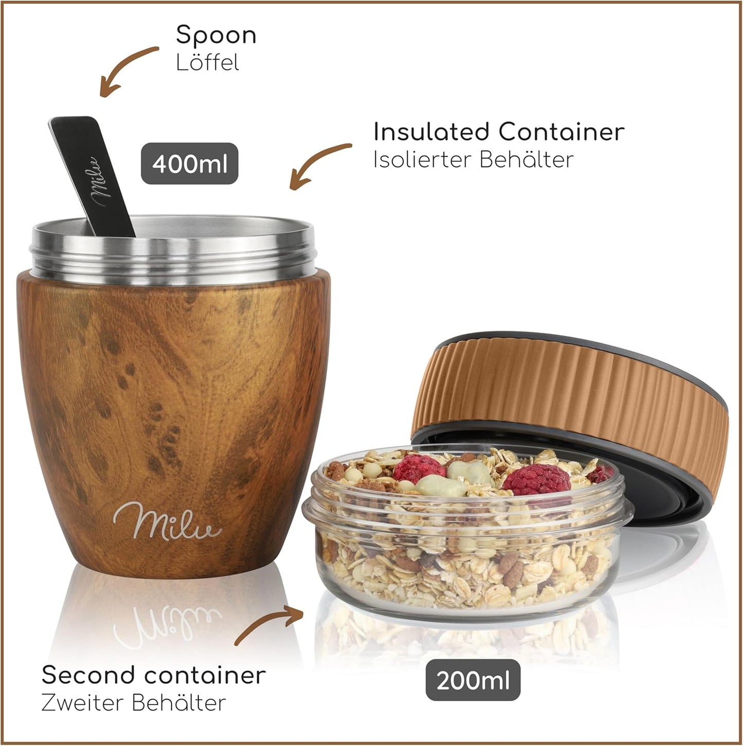 Müslibecher to go, Holzoptik Edelstahl