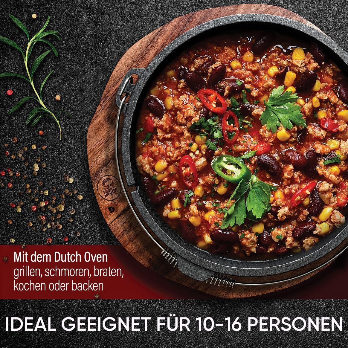Dutch Oven Set mit Zubehör, Schwarz mit Füsse + Ringreiniger 12 Liter