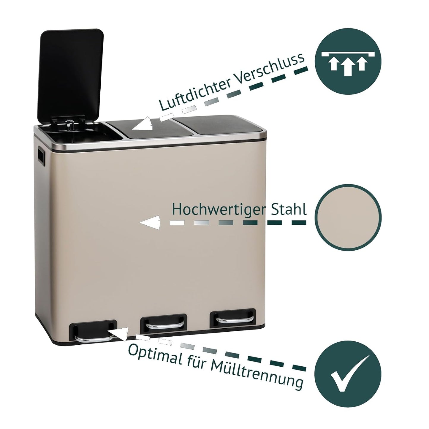 TM3X18 Treteimer mit 3 Fächern, Taupe TM3X18