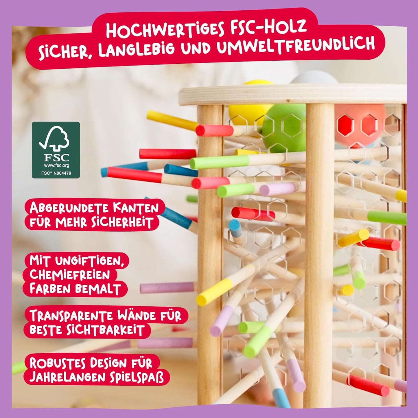 Pädagogisches Brettspiel mit bunten Stöcken, Würfeln und Karten - Spielzeug aus Holz