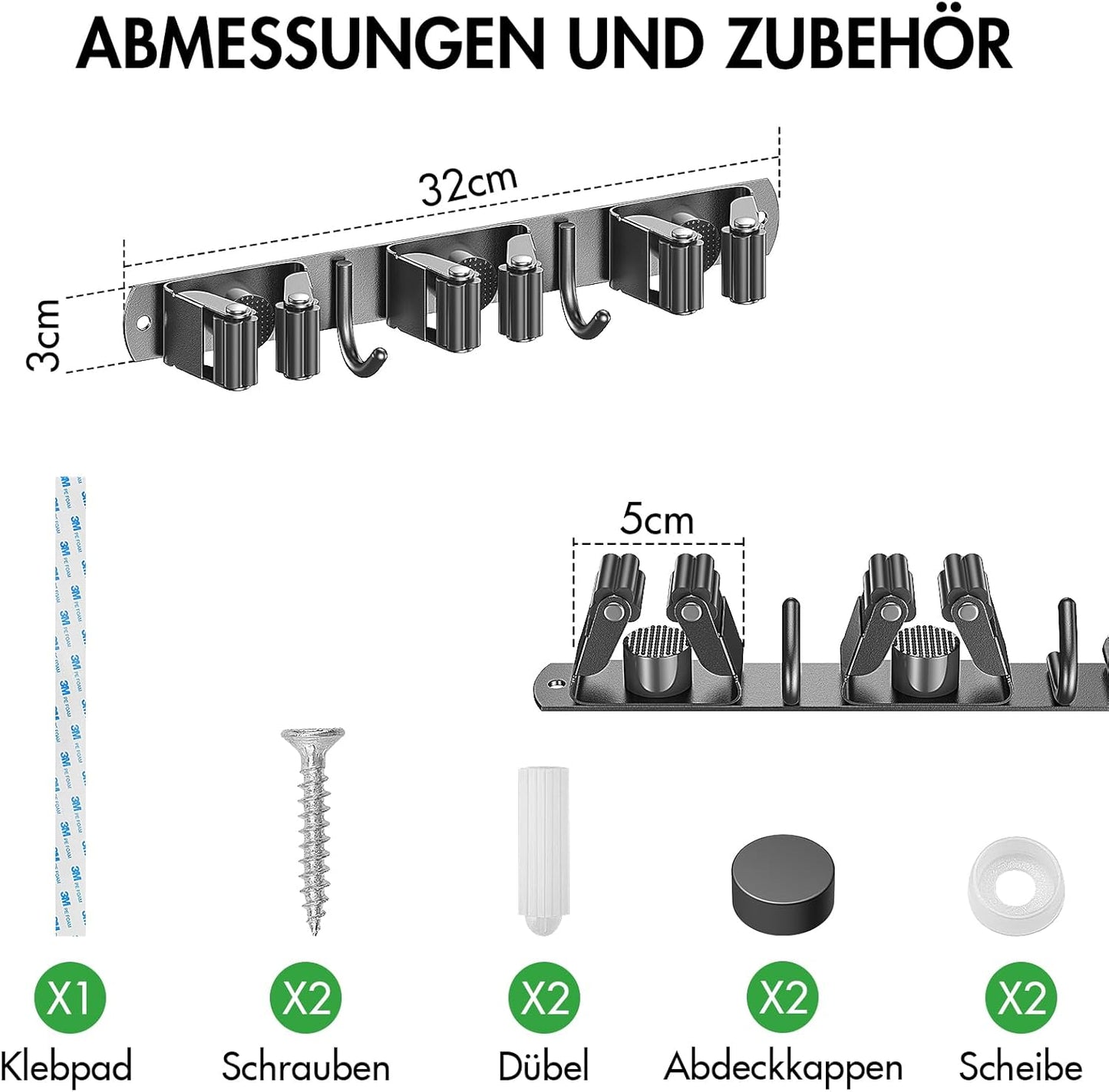 Selbstklebende Wandhalterung für Besen und Geräte (2er Set), Sx2 Schwarz