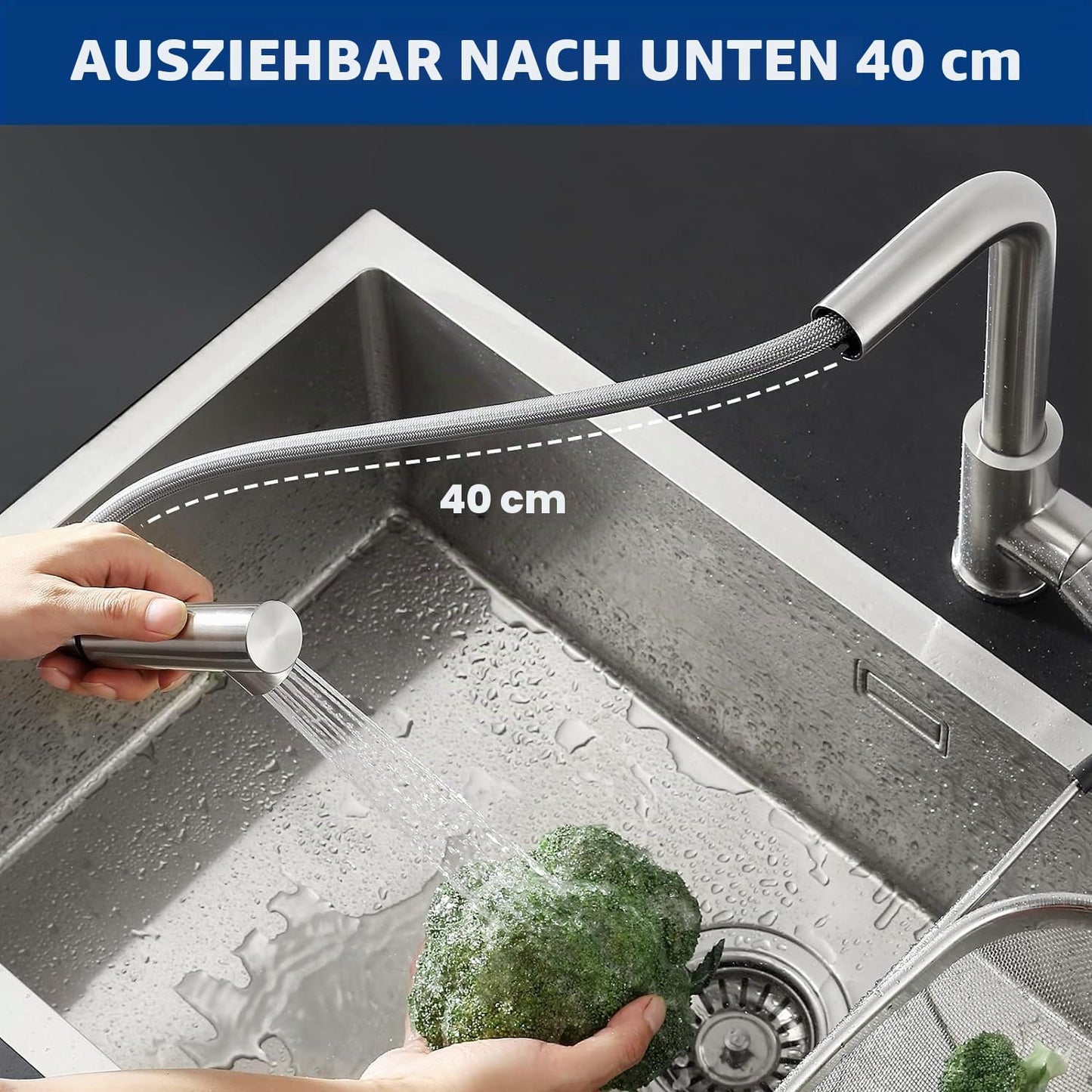Küchenarmatur mit ausziehbarer Brause, 360° drehbar, Rostfreier Stahl, Gebürstet