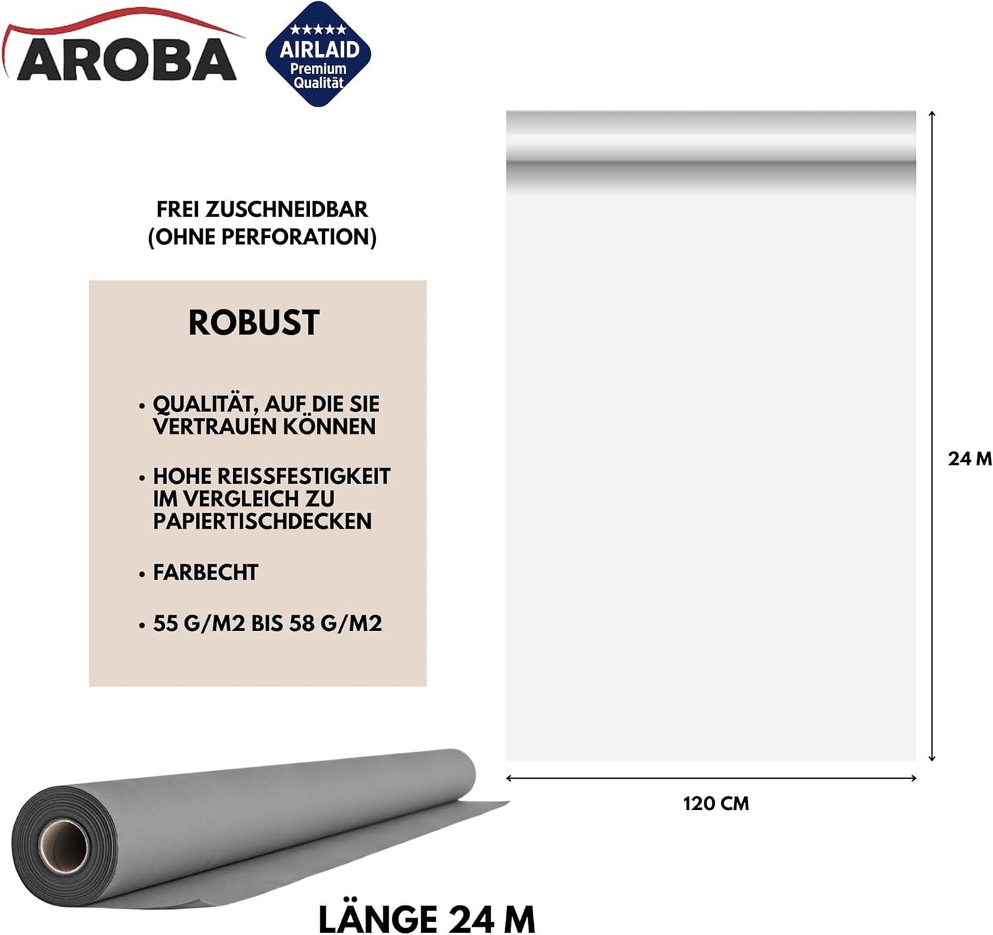 Airlaid Tischdeckenrolle, 2400 x 120 cm (Rechteckig) Grau