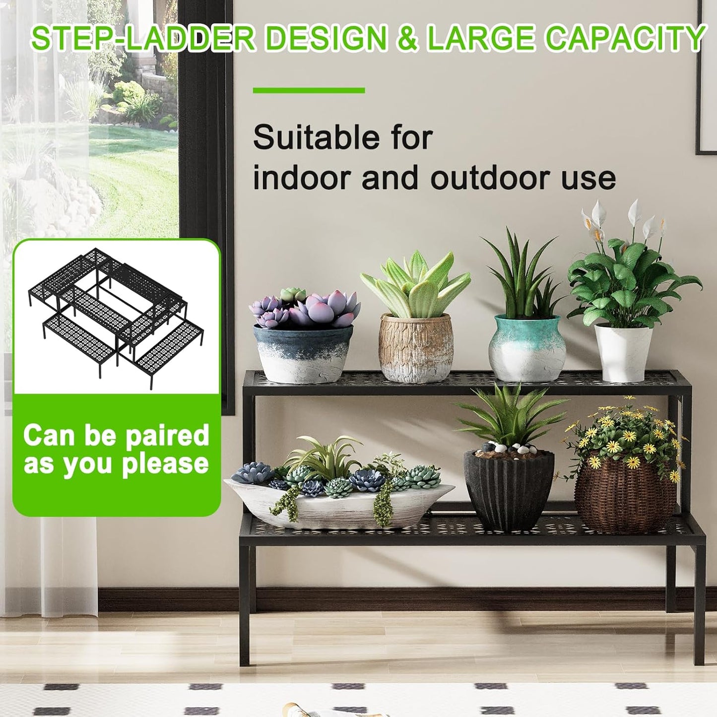 Metall Blumentreppe für Indoor & Outdoor (2-stufig), 2 Stufen-Schwarz