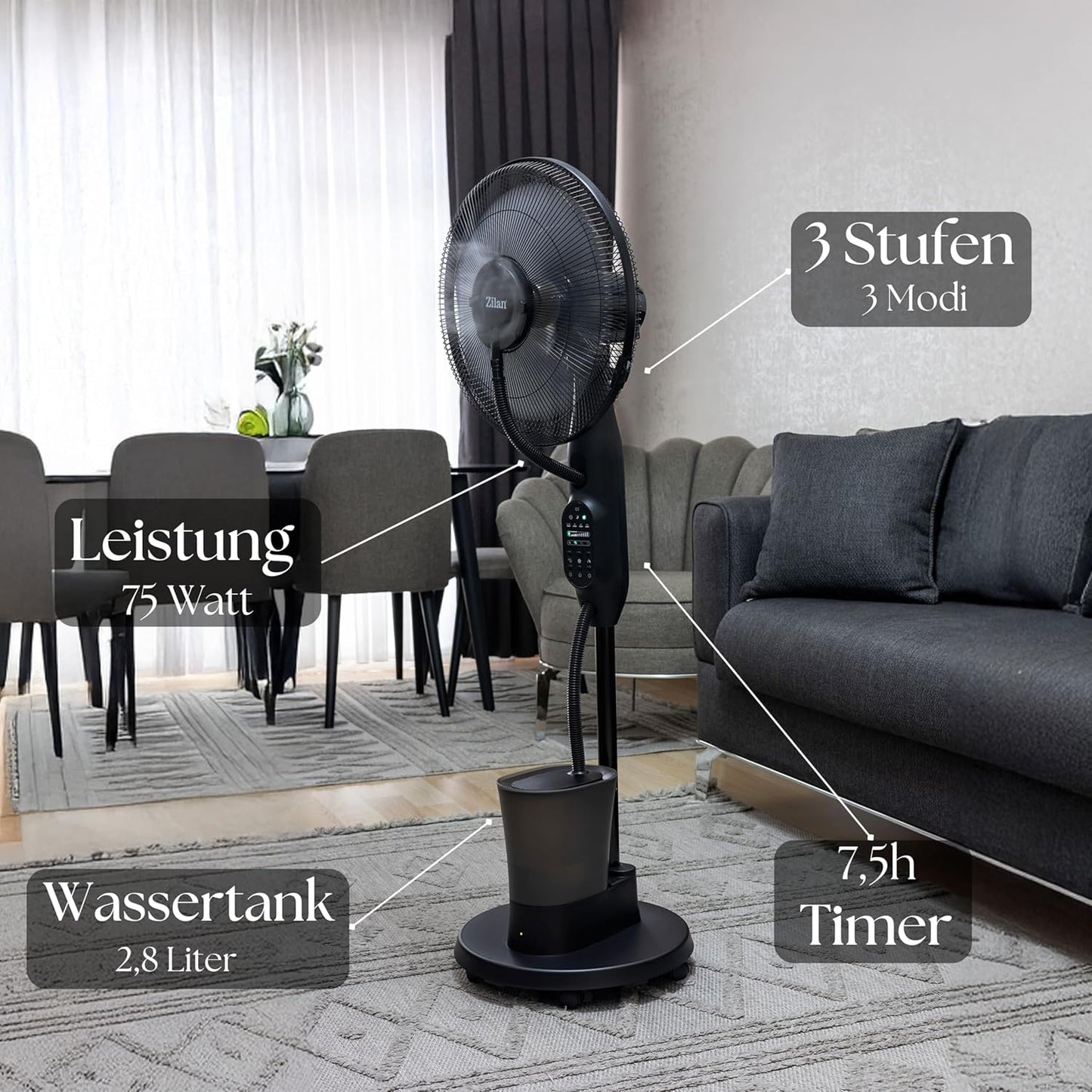 3-in-1 Standventilator mit Wasserkühlung