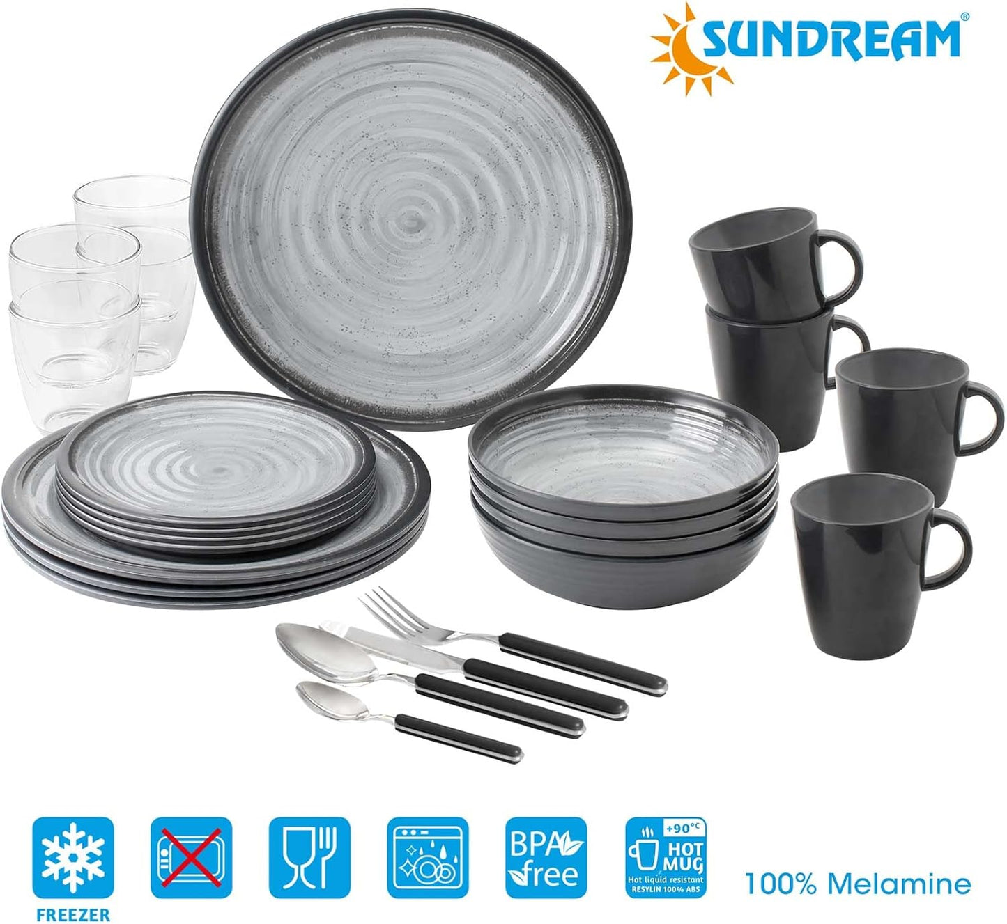 Camping-Geschirr Set Melamin (36-teilig) für 4 Personen, All Inclusive 4 Personen 36-teilig inkl. Box