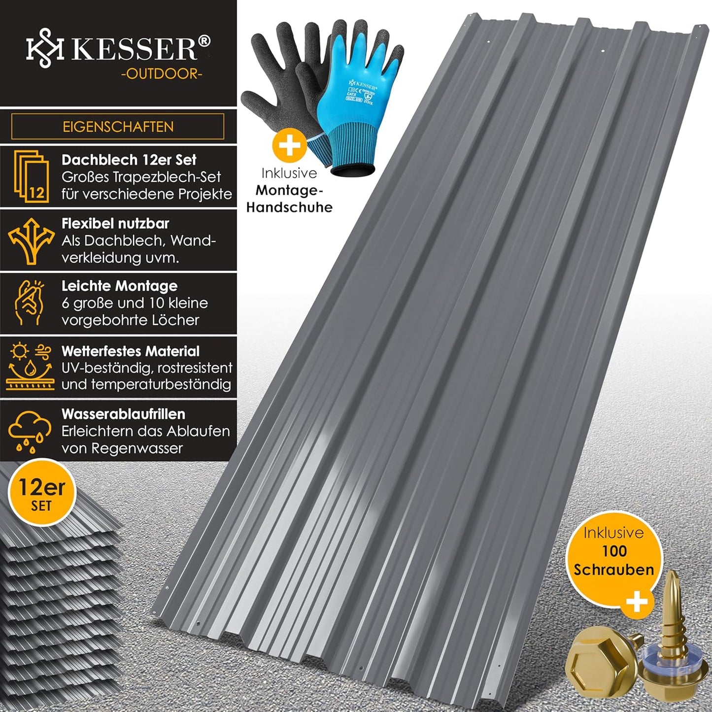 Trapezblech-Set für 7 m², Grau ; 129x45cm / 12 Stück