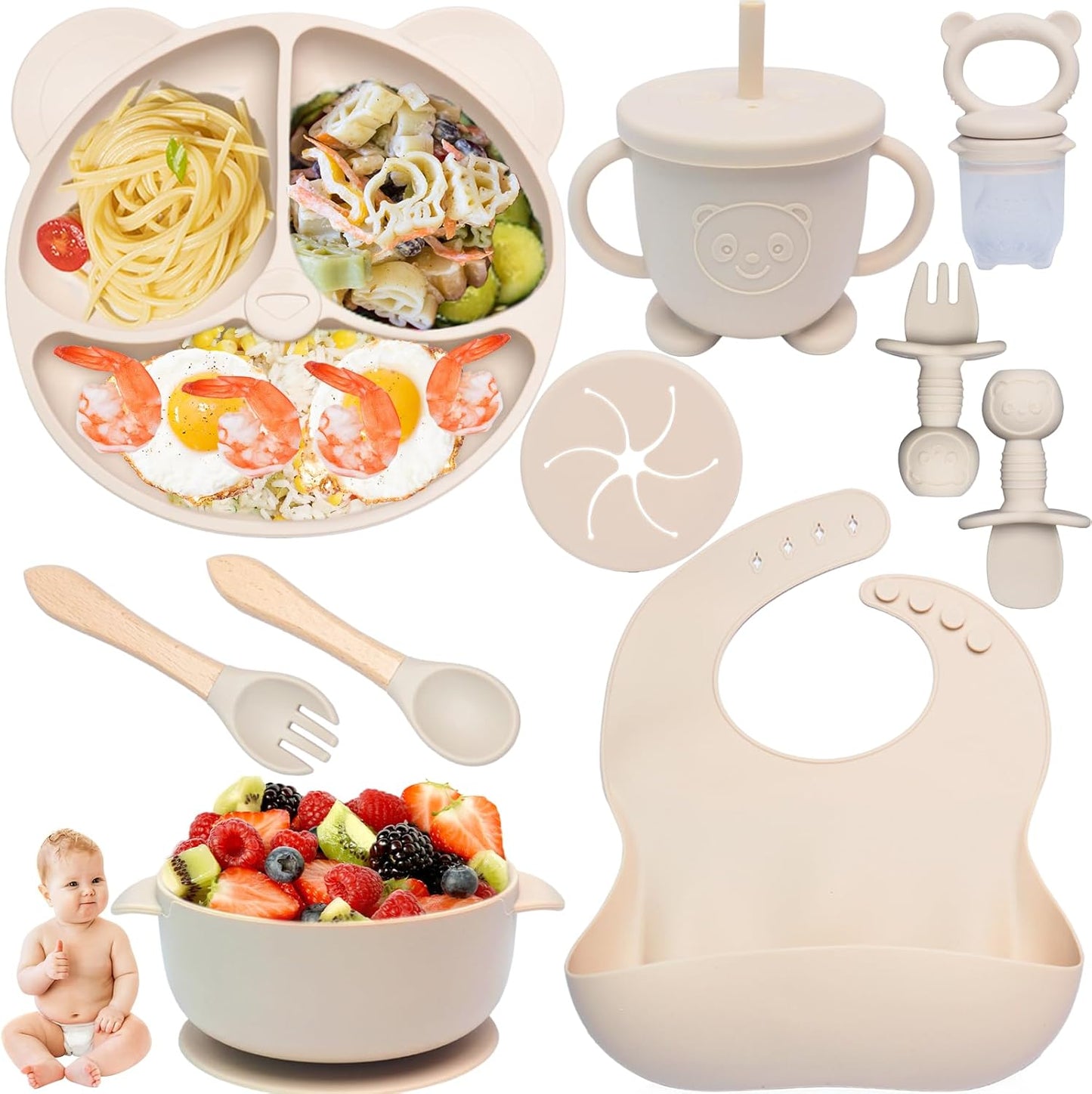 10-teiliges Baby Geschirrset mit rutschfestem Saugnapf, Beige