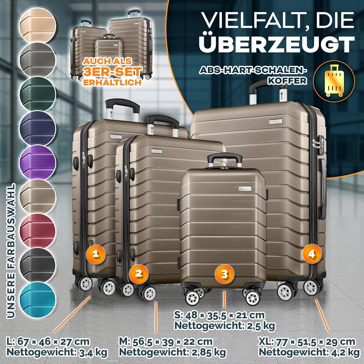 Hartschalenkofferset mit Gepäckwaage (4-teilig), Roségold Kofferset 4tlg